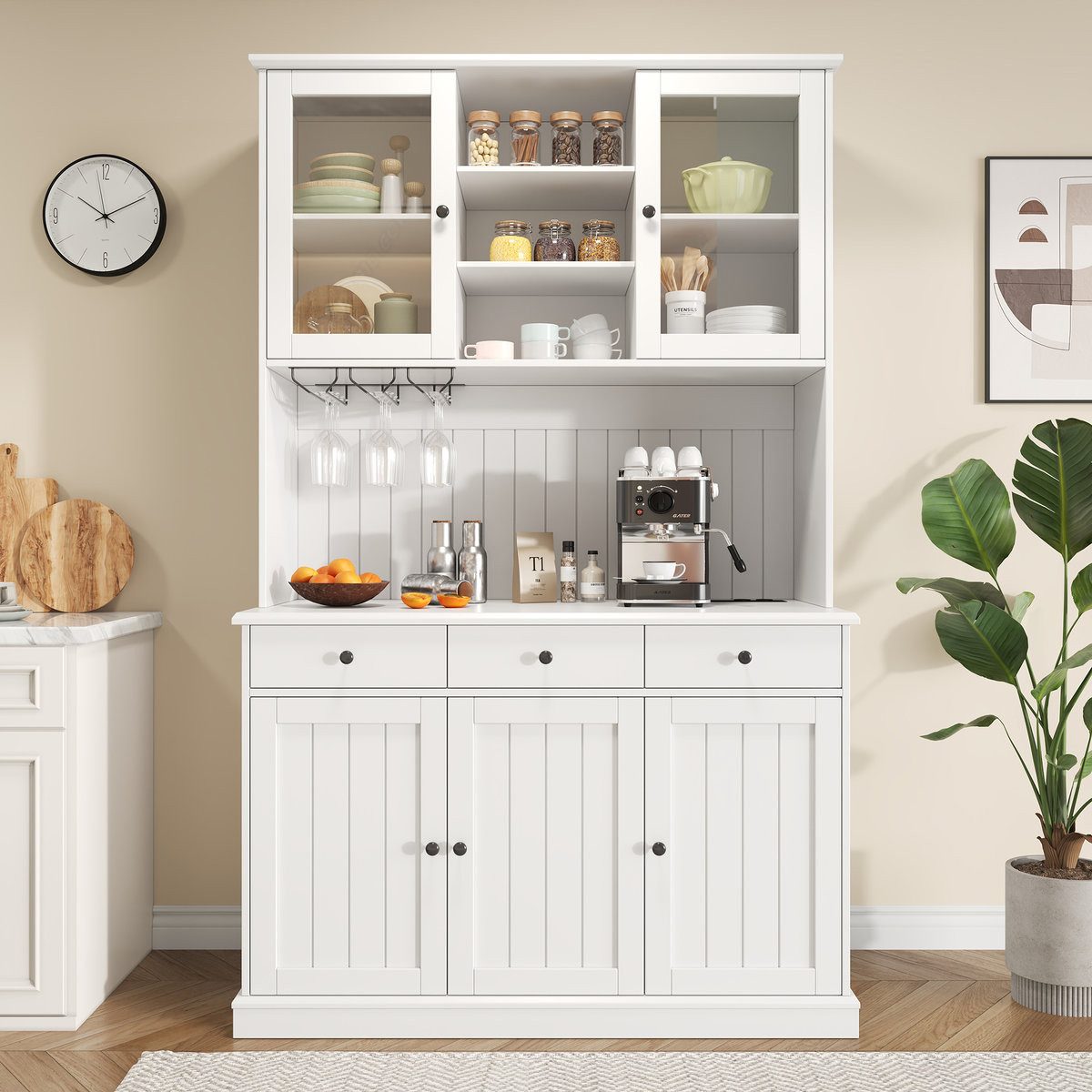 Odikalo Küchenbuffet Küchenschrank Buffetschrank mit USB, Glastüren, Gläserhalter (Buffetschränke, Esszimmer-Hochschrank 120×40×191 cm, mit mehrstufigem Stauraum, integrierter Steckdose sowie USB-C- und USB-A-Anschlüssen)