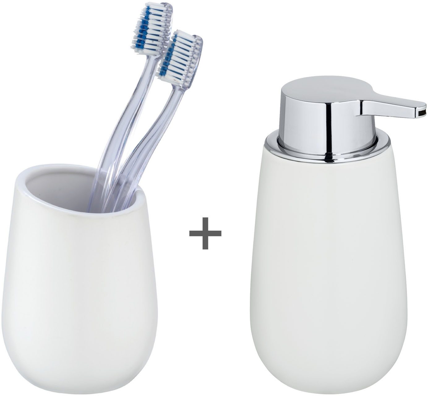 WENKO Badaccessoire-Set Badi, Set, 2 tlg., bestehend aus Seifenspender und Zahnputzbecher, Keramik