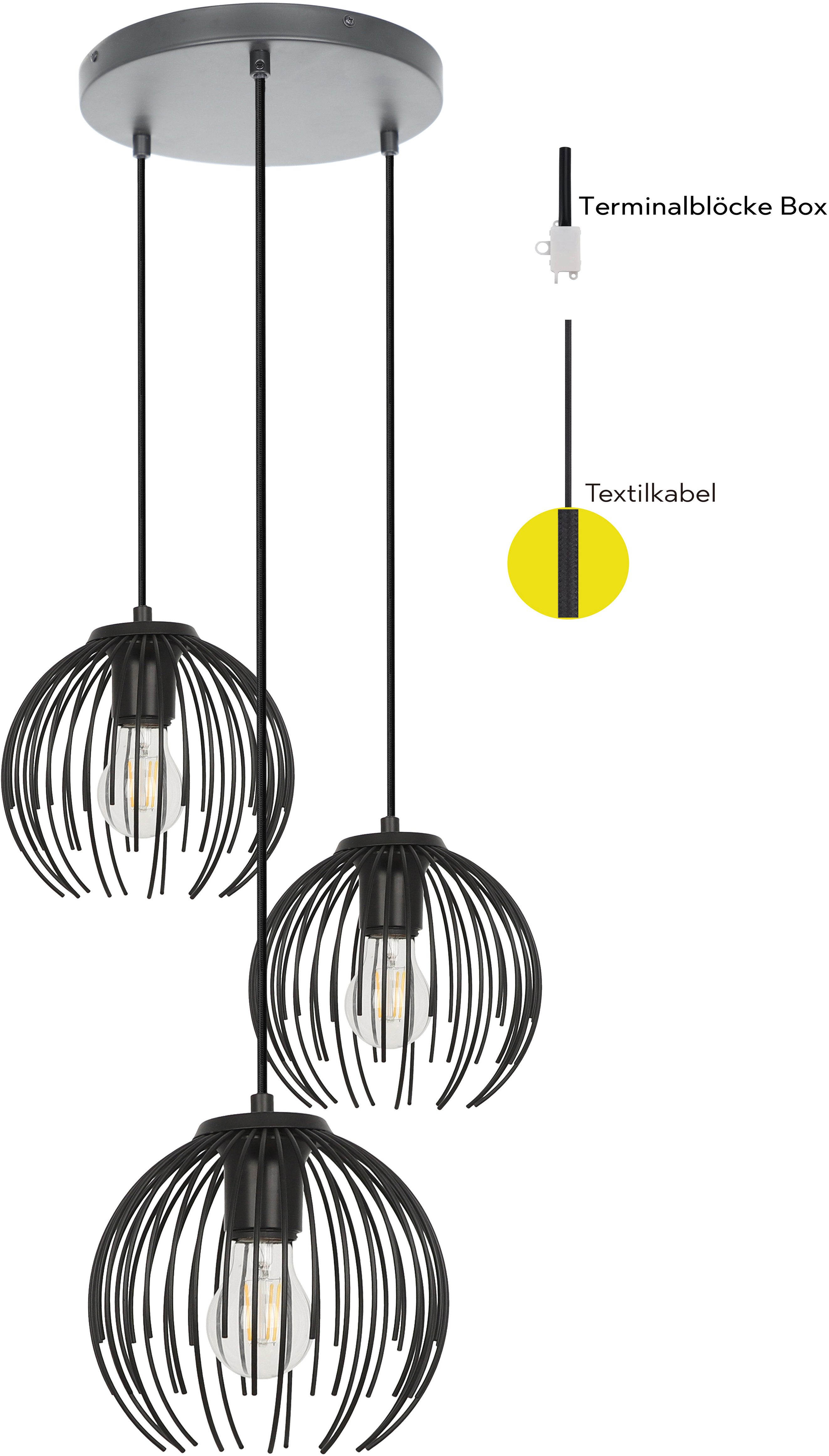 OTTO home Pendelleuchte Tonnia - Hängelampe, höhenverstellbar, 3er Rondell, Metall, Leuchtmittel wechselbar, ohne Leuchtmittel, Wohnzimmer, modern, ballonförmiger Lampenschirm, Pendellampe