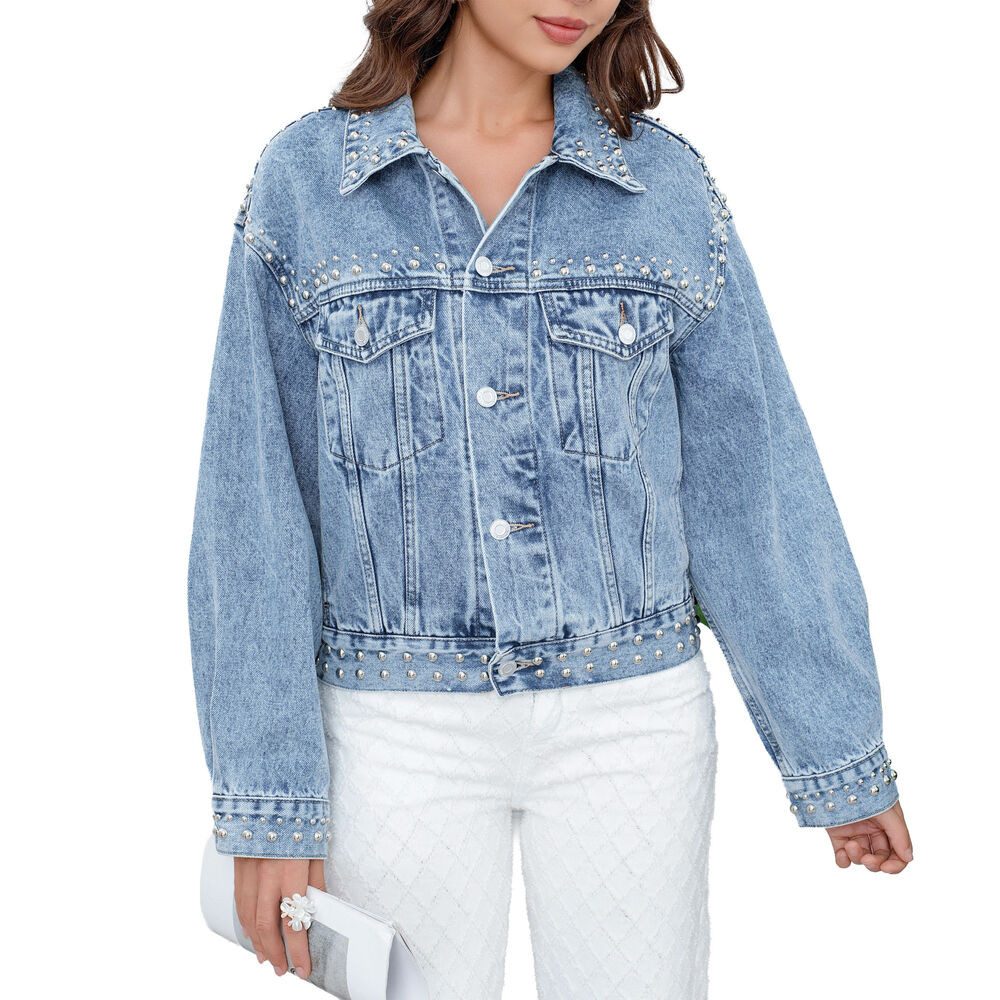 Jeansjacke Damen Jeansjacke mit Nieten und Hemdkragen