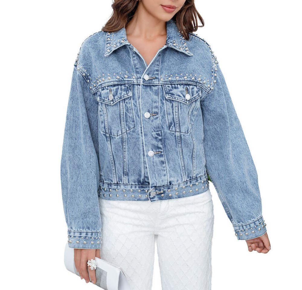 Ital-Design Jeansjacke Damen Jeansjacke mit Nieten und Hemdkragen (91978435) Used-Look Jeansjacke in Blau