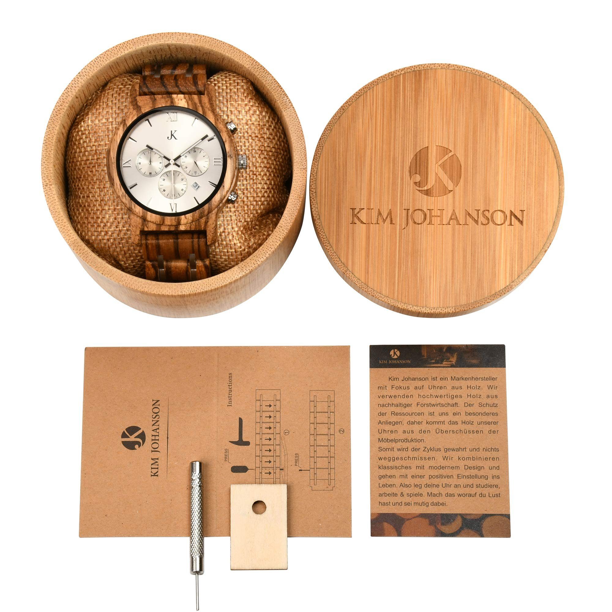 Kim Johanson Quarzuhr Air Force Herren Holzuhr mit Datumsanzeige in Hell- und Dunkelbraun, (mit Werkzeug)