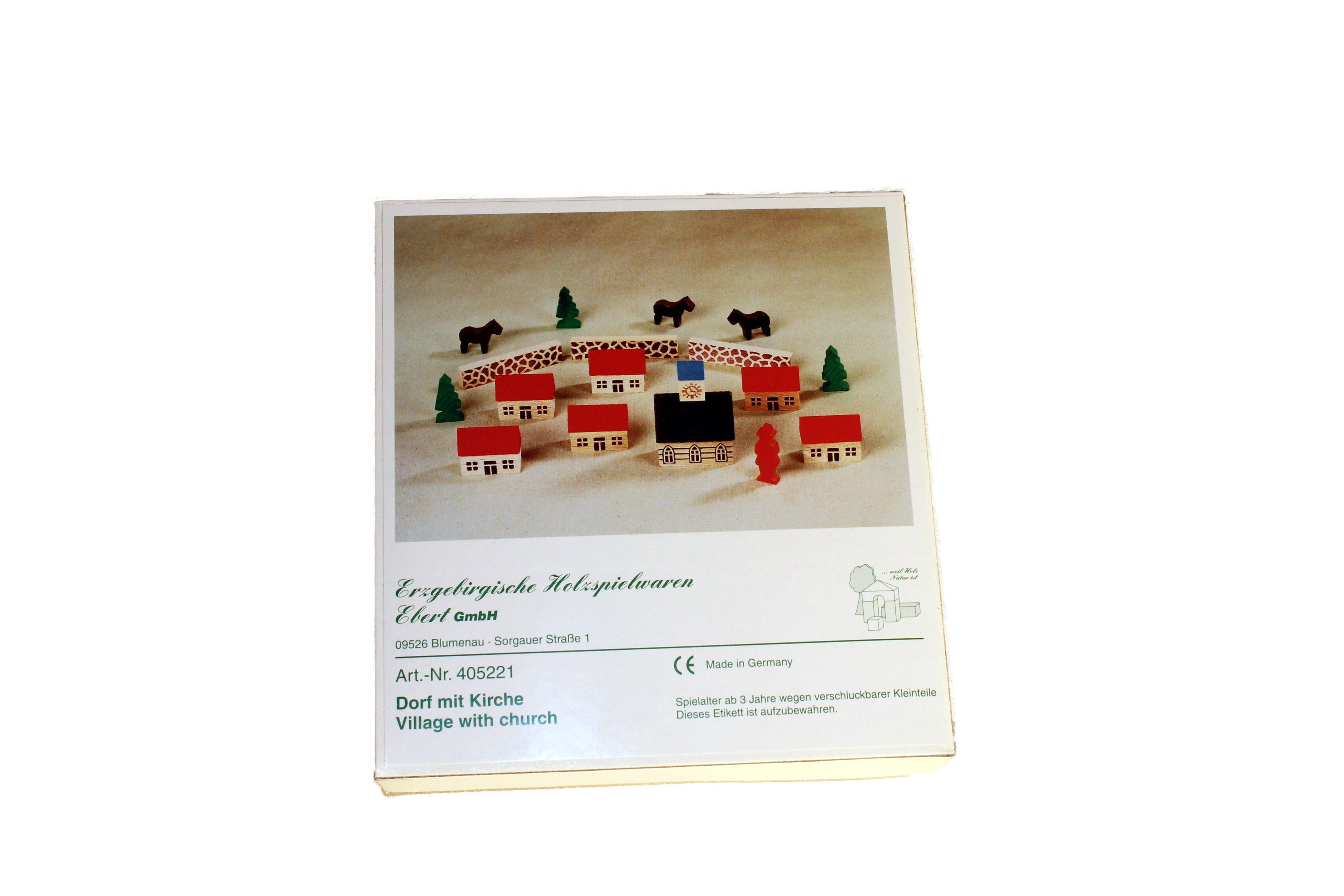 Erzgebirgische Holzspielwaren Ebert GmbH Holzspielzeug Spielzeugdorf mit Kirche im Karton NEU Holzbaukasten