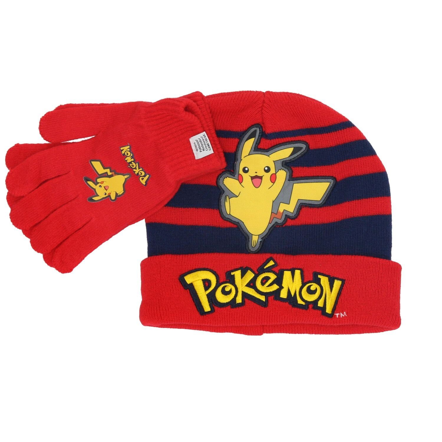 DIFUZED Strickmütze Pokemon Winter Mütze + Handschuhe Kinder Jungen Strickmütze gestreift (2-St)