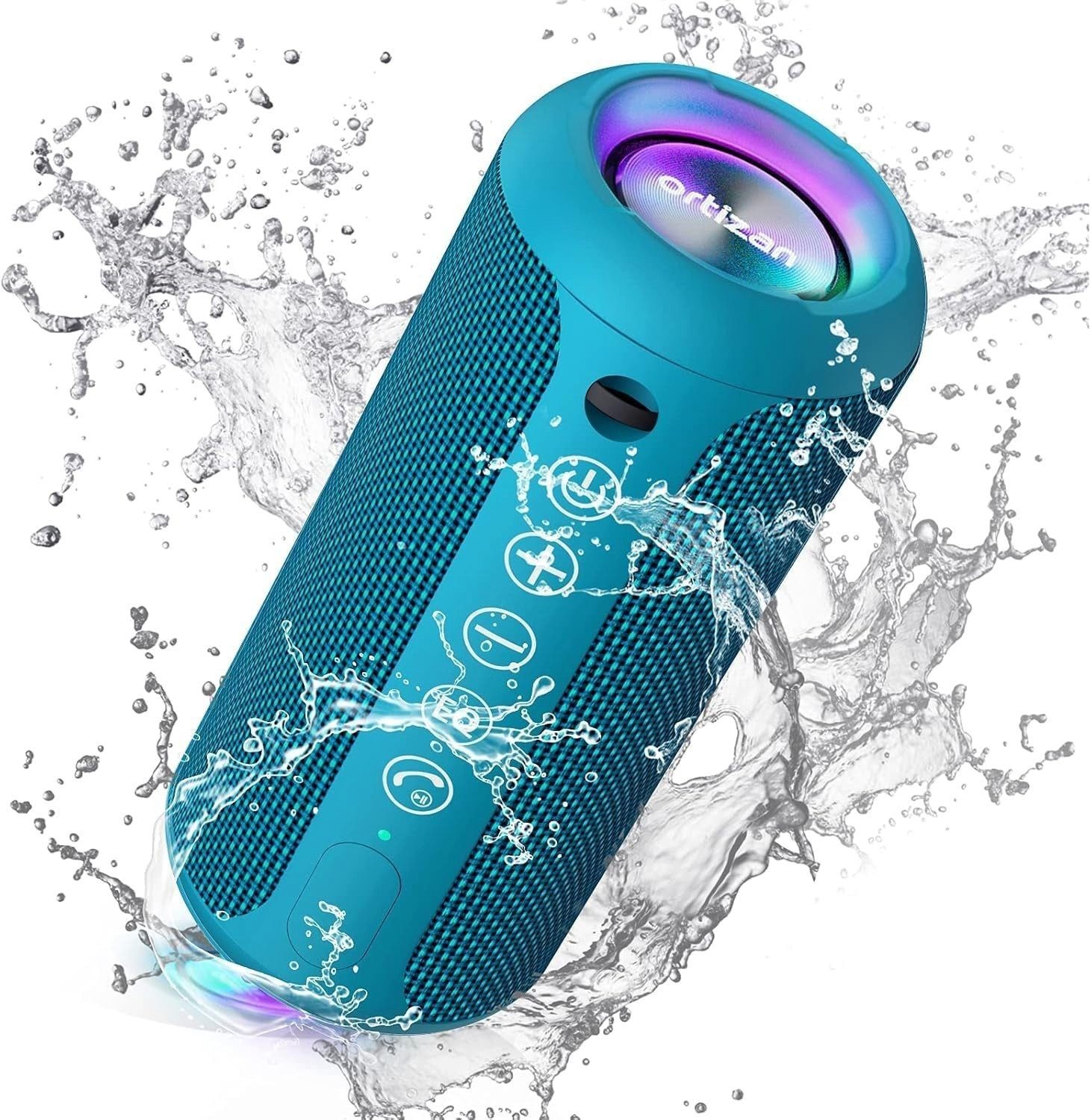 Ortizan X10 Bluetooth-Lautsprecher 24 W TWS Stereo IPX7 mit RGB Lichtshow Bluetooth-Lautsprecher (Bluetooth 5.0, 360° Sound, Bass Boost und bis zu 30 Stunden Akkulaufzeit outdoor)