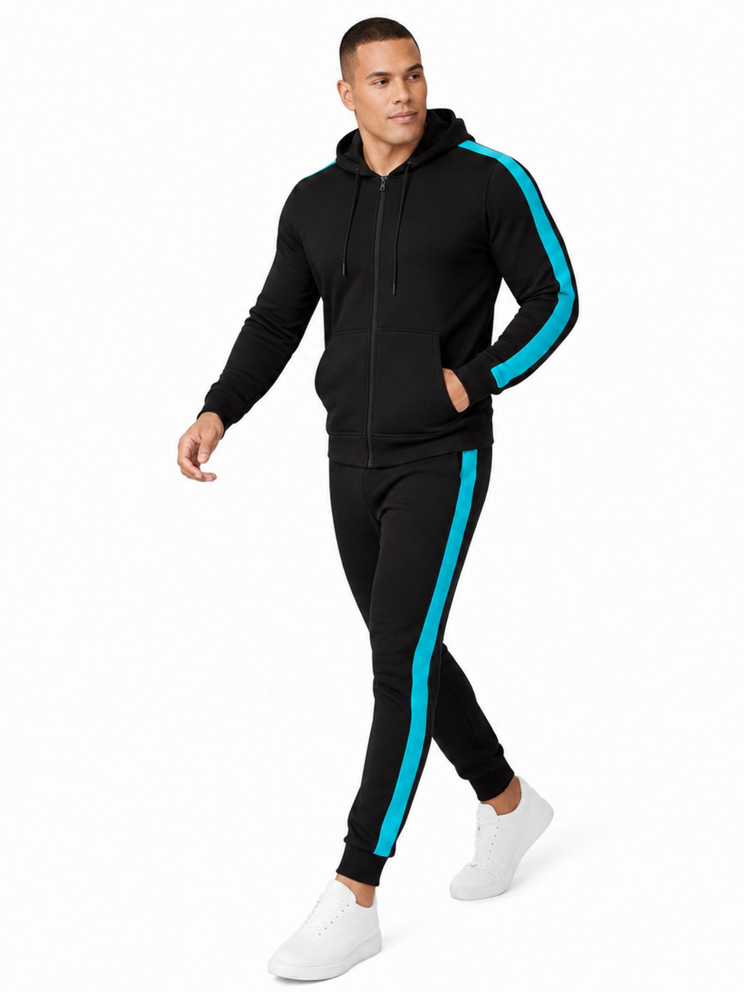L.gonline Freizeitanzug Herren Jogginganzug zweifarbig sportlich mit Streifen, 526 (Kapuzenjacke mit Reißverschluss, Hose, 2-tlg), Fitness Freizeit Casual – Bild 3 von 5