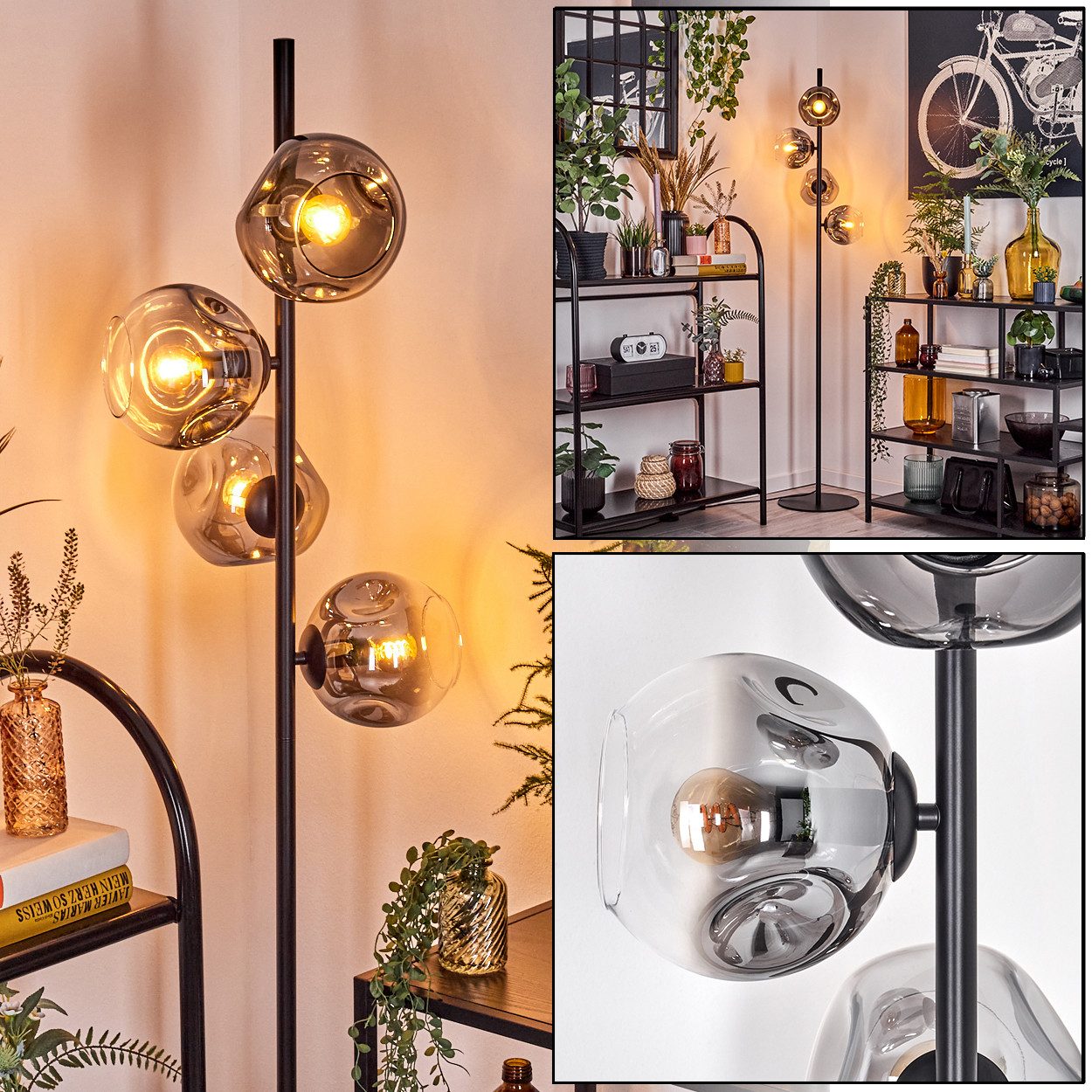 Stehlampe Stehlampe aus Metall/Glas in Schwarz/Rauchfarben/Klar mit Fußschalter