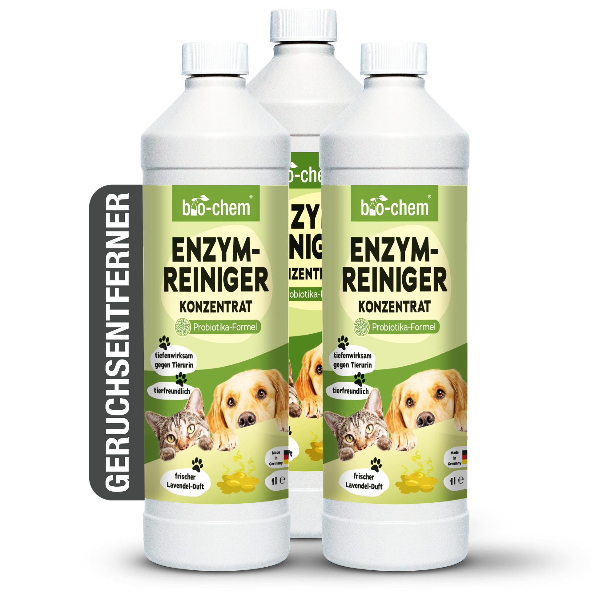 bio-chem Geruchsentferner Enzymreiniger 1 L Geruchsentferner gegen Urin, Katzen & Hundeurin (Sparpaket, Enzymreiniger Konzentrat 3x 1 L), Probiotisch & tiefenwirksam gegen Tiergeruch