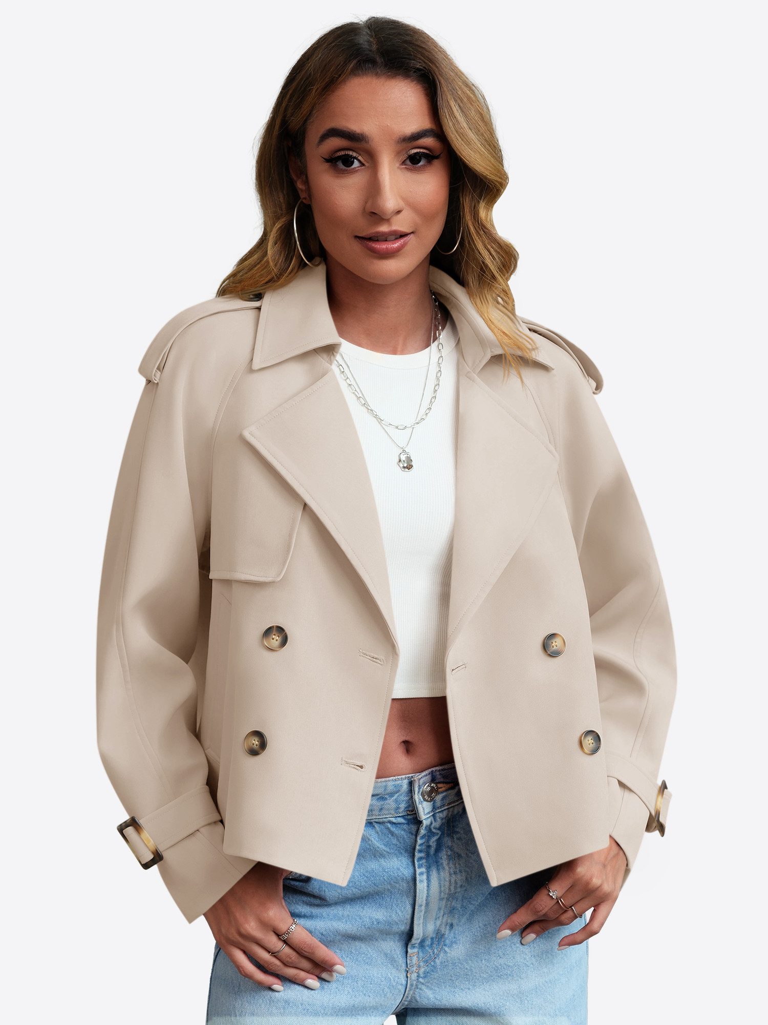 Imily Bela Trenchcoat Damen Zweireihige Casual-Kurzjacke (Packung, 1-tlg., 1per-Pack) winddicht