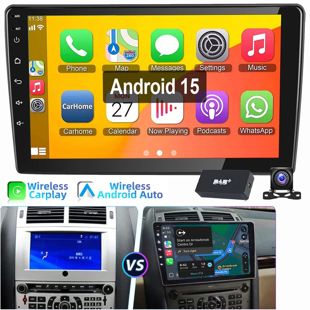 ESSGOO Für Peugeot 407 2004-2011 Android 15 Carplay Autoradio Autoradio (RDS, Digitalradio (DAB), FM, AM, 4+64G optiona, Android Auto SWC EQ)