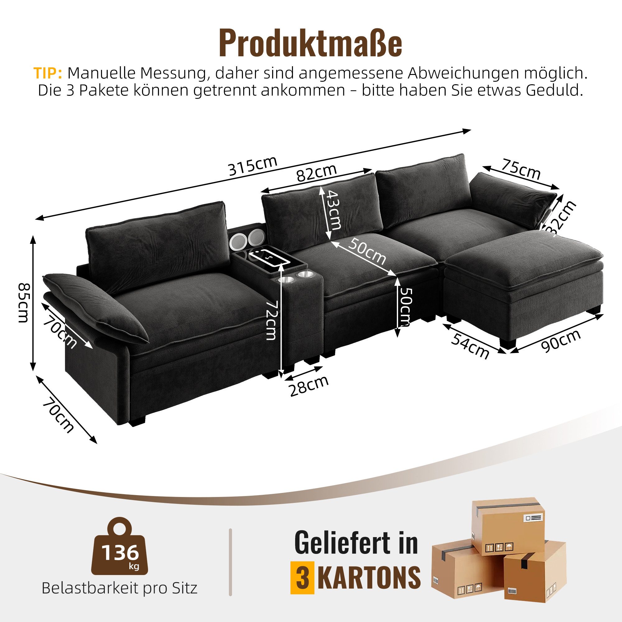 BlingBin Ecksofa Modulares Ecksofa 315 cm L-Form Chenille, Modulsofa 4-Sitzer mit Ottoman, Entertainment-Konsole, mit Stauraum & Becherhaltern, inkl. Wireless Charging & Lautsprecher