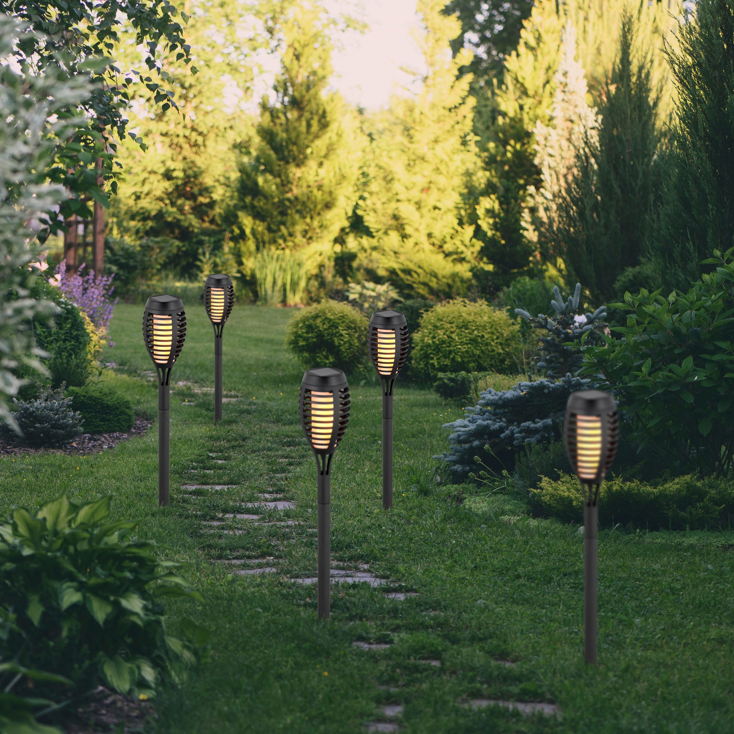 näve LED Solarleuchte Fanilo, Tageslichtsensor, LED fest integriert, Warmweiß, 5er Set Fackeln, Flammeneffekt, schwarz, LED warmweiß, H: 45cm, D: 6cm