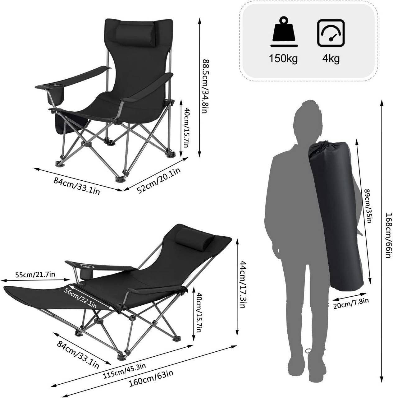 Woltu Campingstuhl (2 St), klappbar für Outdoor mit Armlehnen Getränkehalter
