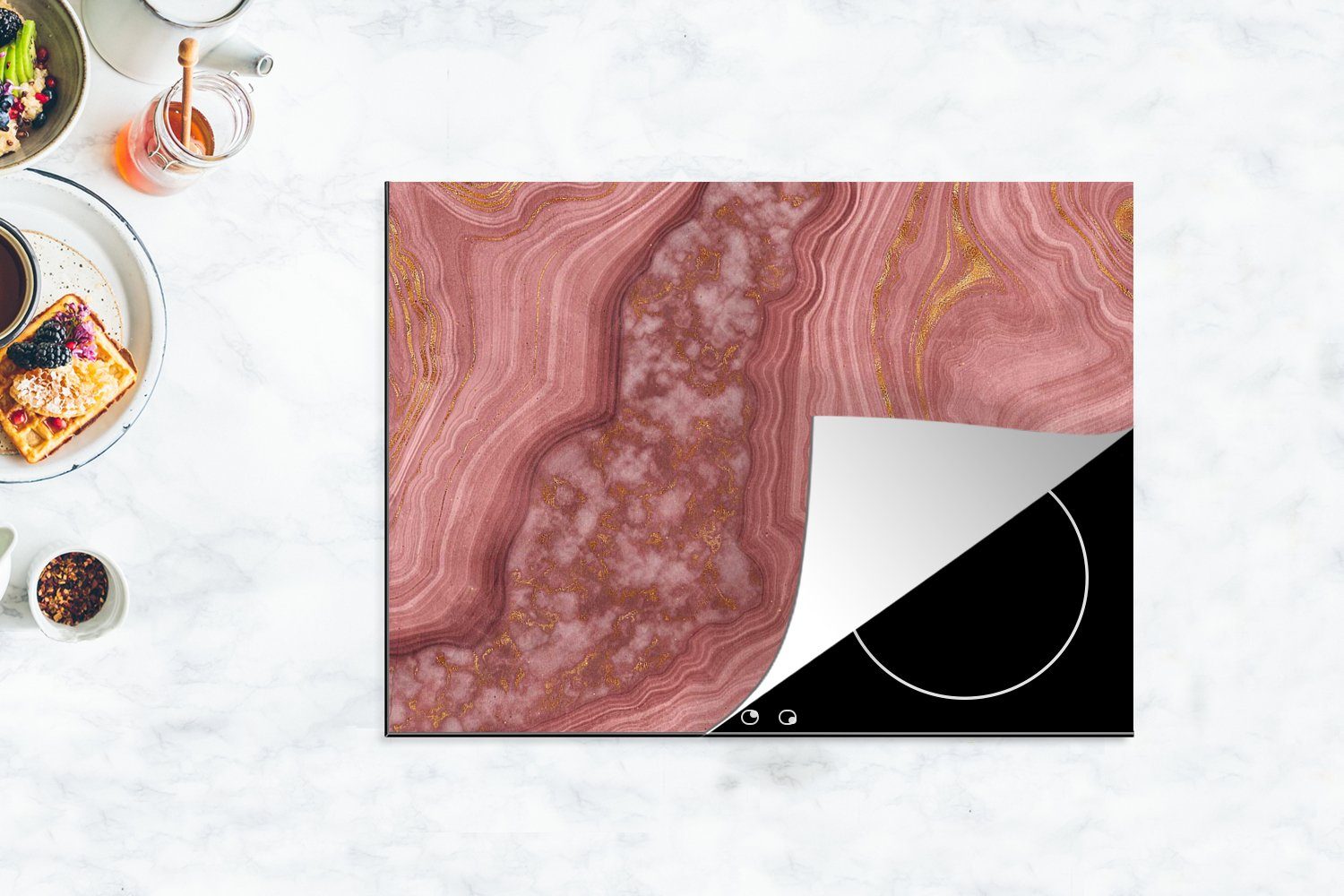MuchoWow Herdblende-/Abdeckplatte Marmor - Rosa Arbeitsfläche - Vinyl, (1 cm, Mobile nutzbar, 70x52 Ceranfeldabdeckung tlg), Muster
