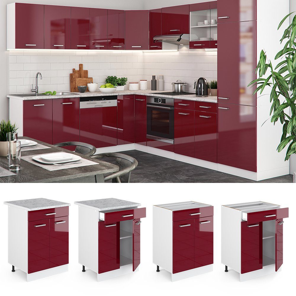Vicco Unterschrank R-Line, Rot Hochglanz/Weiß, 60 cm mit Schublade, ohne Arbeitsplatte (1-St)