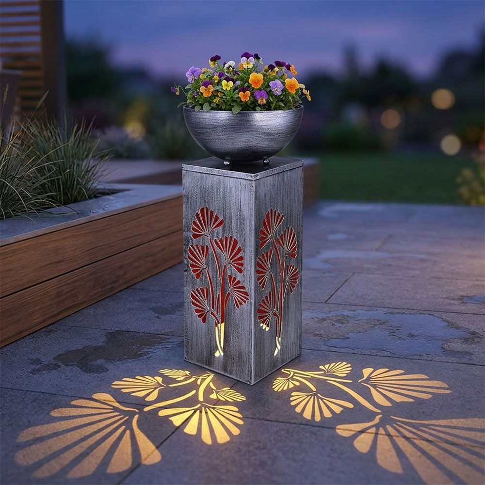 GLOBO LIGHTING Gartenleuchte, LED-Leuchtmittel fest verbaut, Warmweiß, Dekosäule mit Pflanzschale und Beleuchtung Solar Säulenleuchte Außen