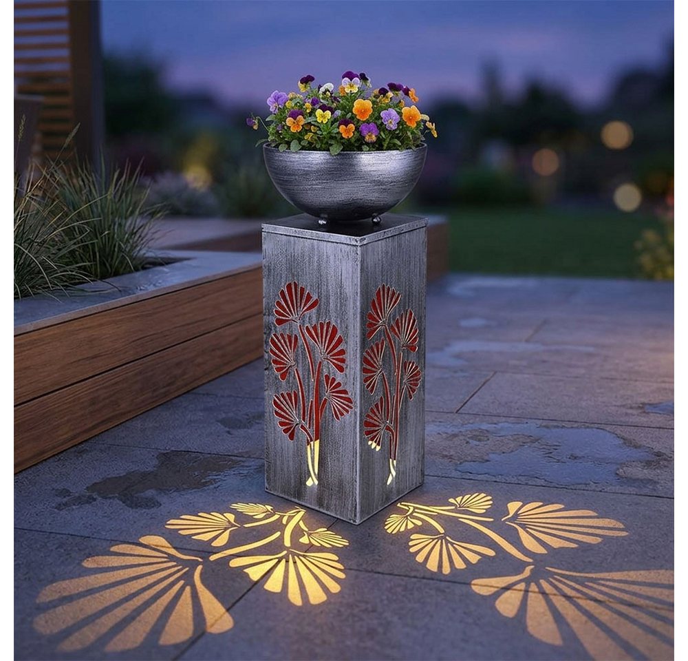 GLOBO LIGHTING Gartenleuchte, LED-Leuchtmittel fest verbaut, Warmweiß, Dekosäule mit Pflanzschale und Beleuchtung Solar Säulenleuchte Außen
