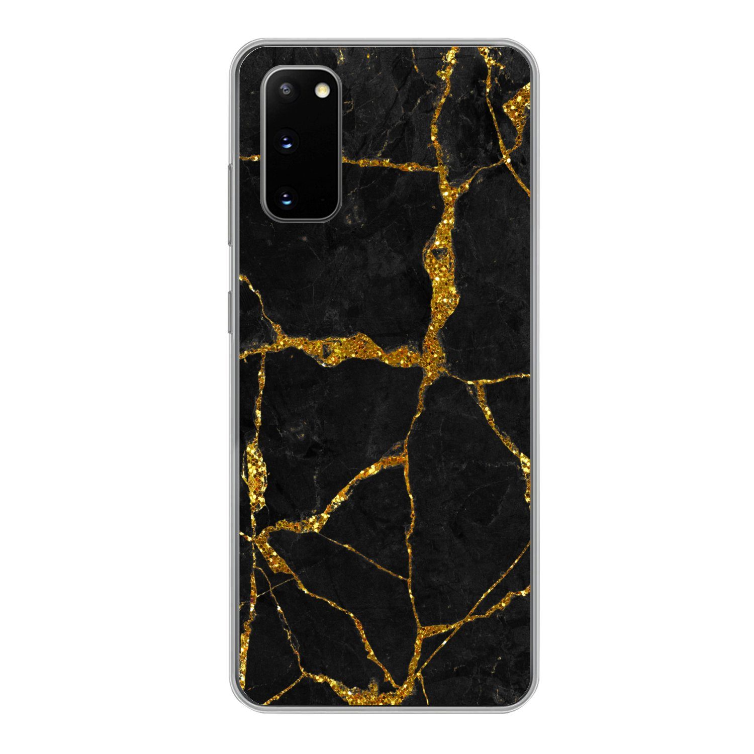 MuchoWow Handyhülle für Samsung Galaxy S20 Marmor - Gold - Schwarz - Marmoroptik - Glitter, Phone Case, Silikon, Schutzhülle Dünn