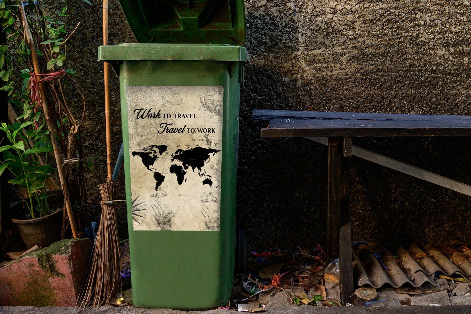 (1 Zitat Container, Mülltonne, Vintage Sticker, - - Weltkarte Wandsticker St), Mülleimer-aufkleber, Abfalbehälter MuchoWow