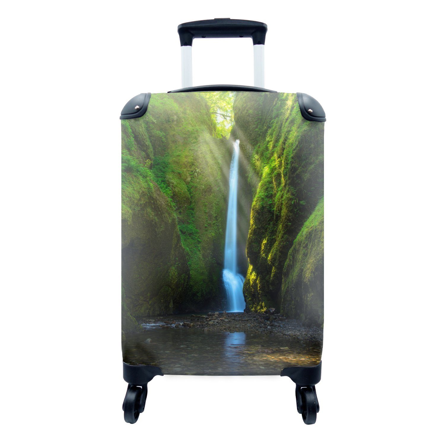 MuchoWow Handgepäckkoffer Wasserfall - Sonne - Grün, 4 Rollen, Reisetasche mit rollen, Handgepäck für Ferien, Trolley, Reisekoffer