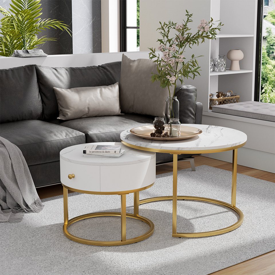 Vicco Couchtisch Madrid, Marmor Weiß, 70 x 70 cm, kleiner Tisch mit Schublade (2-St)