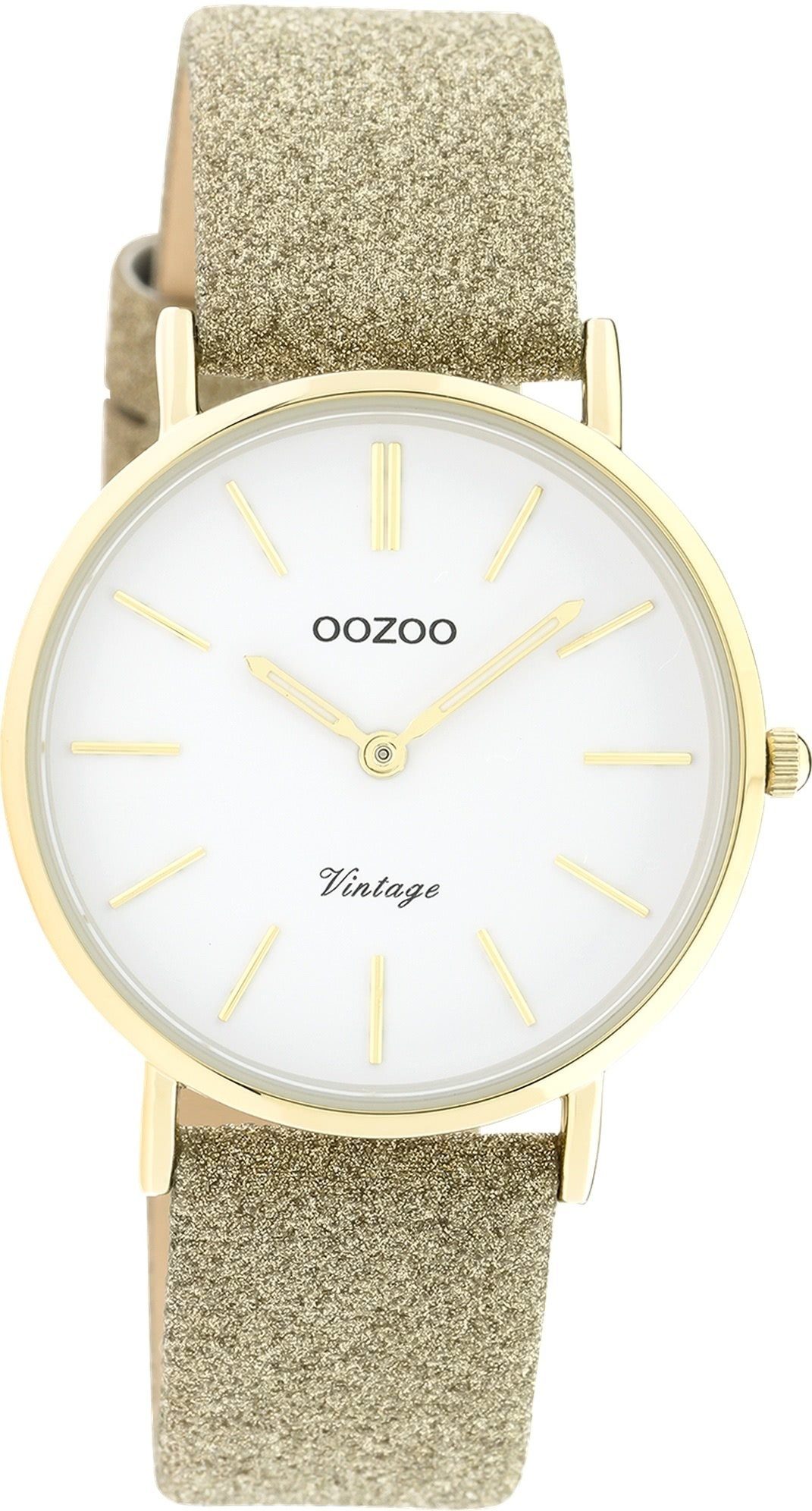Armbanduhr OOZOO rund, Damen Quarzuhr mittel gold Elegant-Style (ca. Damenuhr Oozoo Lederarmband, Analog, 32mm)
