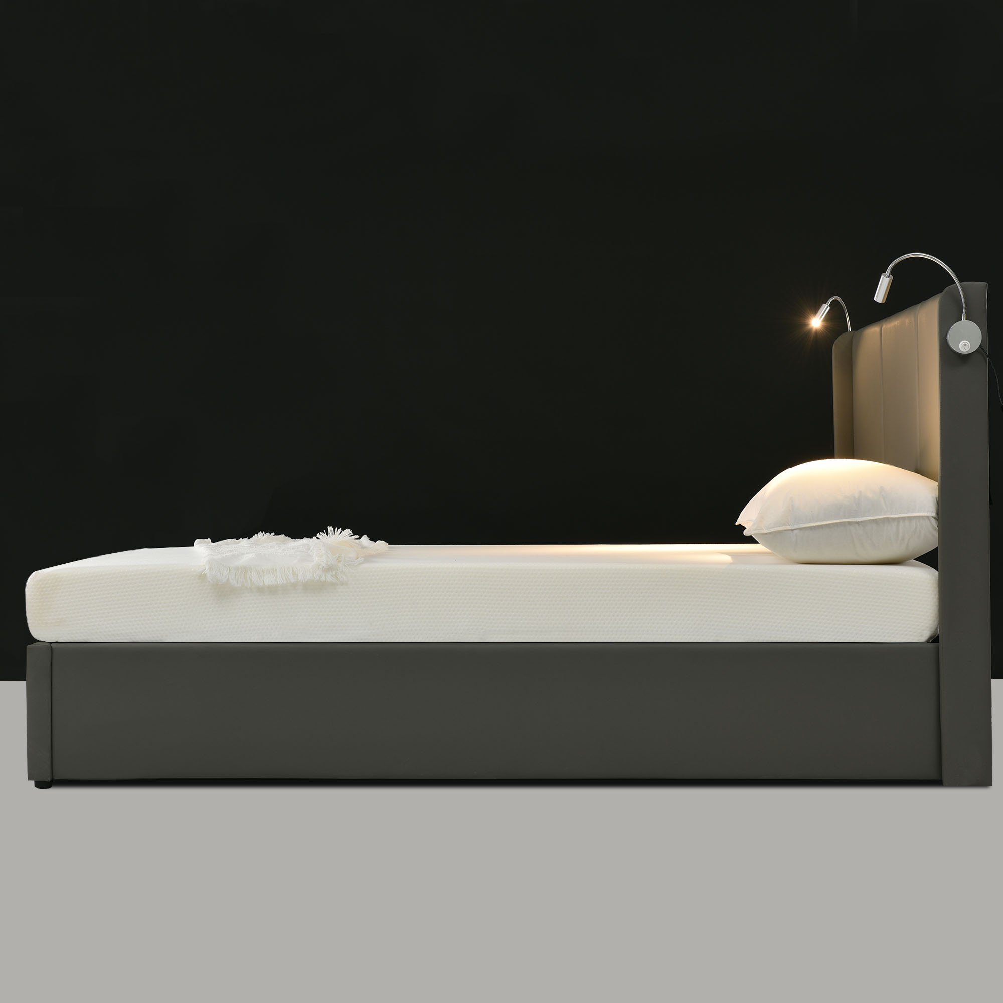 Polsterbett (Hydraulisches Stauraumbett mit Bettkasten und Lattenrost), mit Leselicht und USB Ladefunktion, Kunstleder, 140 x 200cm