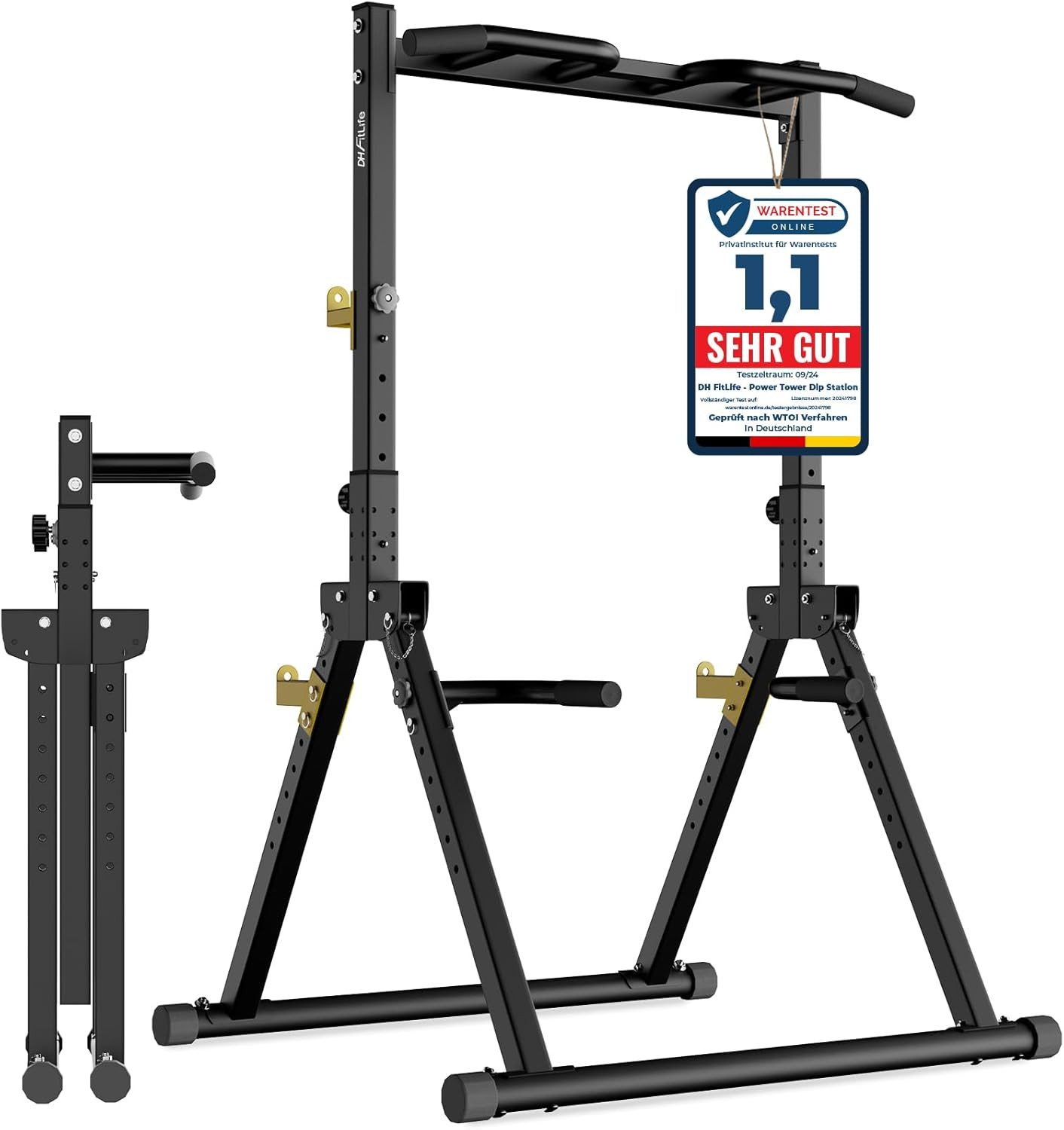DH FitLife Kraftstation Power Tower Dip Station, (Set, verstellbar, mit Dip-Barren, Klimmzugstange, Hantelablagen), Belastung bis 150 kg, ideal für Home Gym