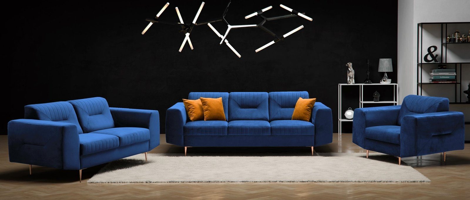 Polstergarnitur modernes 3-Sitzer Metallbeine, aus Marineblau Couchgarnituren mit im Sofa Velours Design), (Sessel 263) 2-Sitzer (solo VENEZIA, Beautysofa Sofa + +