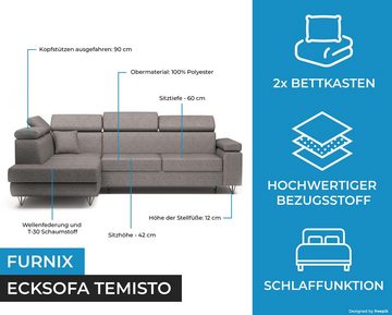 Furnix Ecksofa TEMISTO mit Schlaffunktion, Bettkasten, 5 einstellbaren Kopfstützen, DL-Automatik, Maße: B250 x H76/90 x T183 cm, dekorative Metallfüße