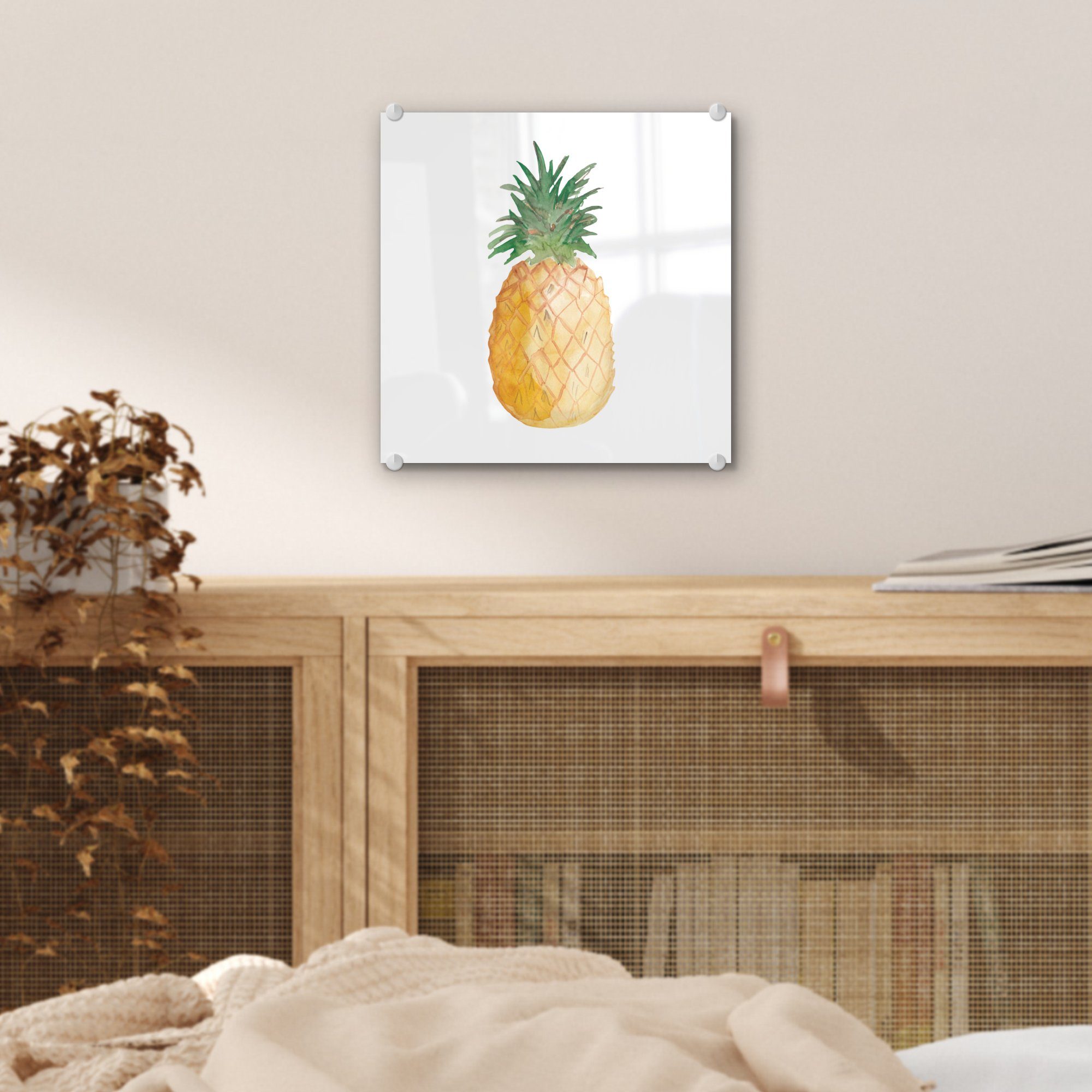 MuchoWow Acrylglasbild Aquarellfarbe Wanddekoration Bilder Glasbilder - auf Wandbild - (1 - Weiß, auf Foto Glas Glas - St), Ananas 