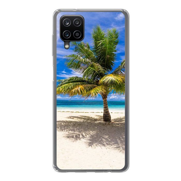 MuchoWow Handyhülle Kokosnusspalme im Sand bei Moorea in Ozeanien Handyhülle Samsung Galaxy A12 Smartphone-Bumper Print Handy
