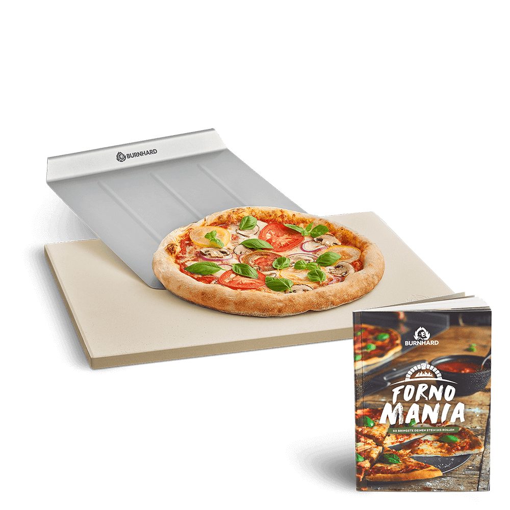 BURNHARD Pizzastein Universal rechteckig, Cordierit Stein, Edelstahl, 45 x 35 x 1.5 cm inkl. Pizzaschieber