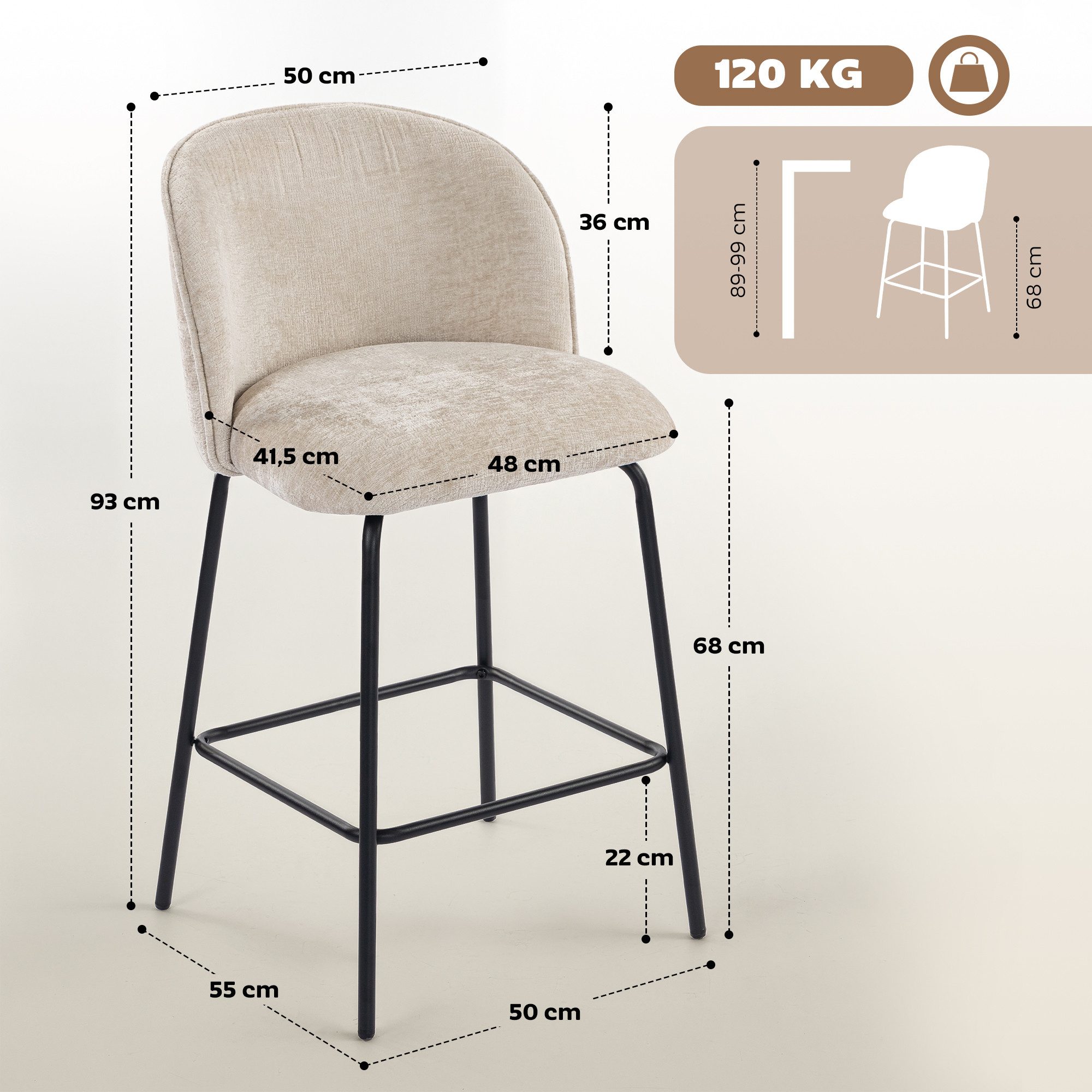 HOMCOM Barhocker Set mit Fußstütze, Lehne, Sitzhöhe 68 cm Loungesessel (Bistrohocker, 2 St., Barstuhl), für Esszimmer, Beige