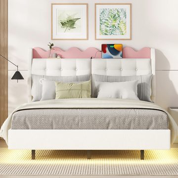 MODFU Polsterbett mit Nachtkästchen, mit Lichtleiste, Doppelbett mit USB-Ladeanschluss (140 x 200cm), ohne Matratze