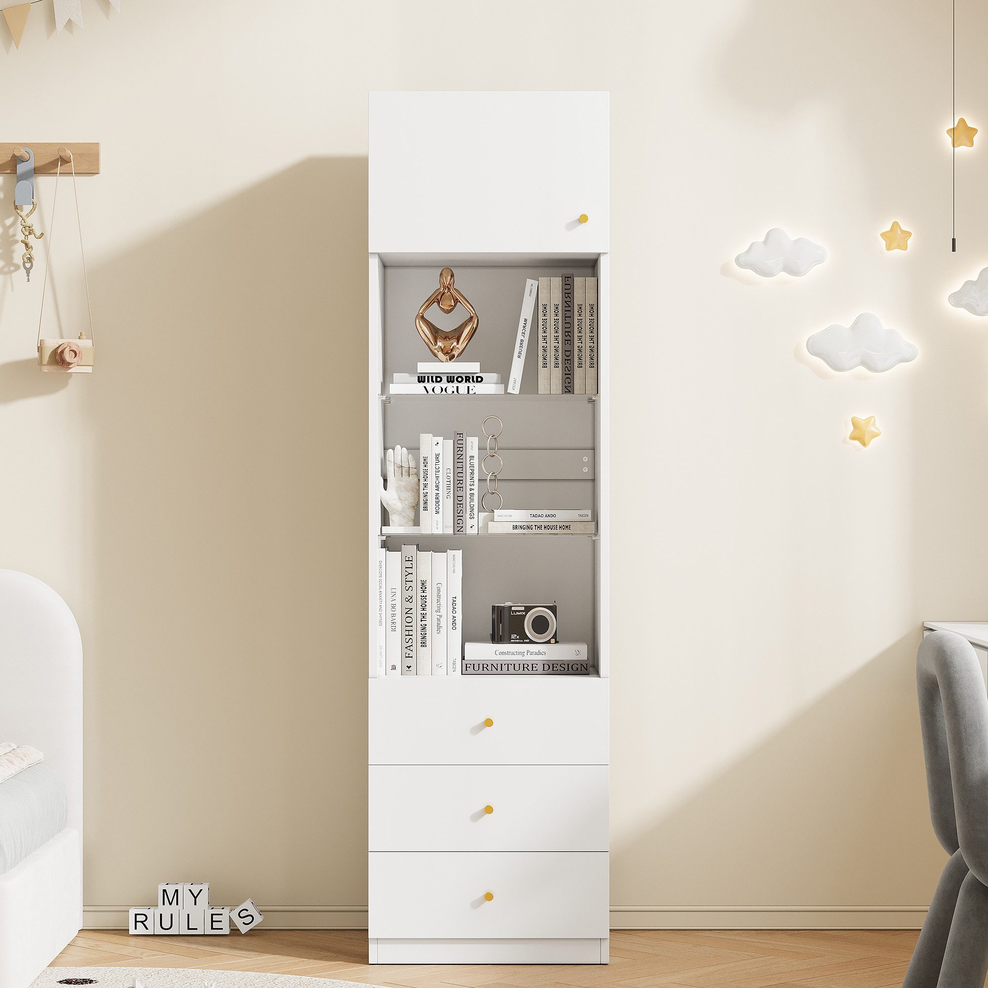 Flieks Hochschrank Bücherregal mit höhenverstellbare Glaseinlegeböden (1-St., 50×40×180 cm) Mehrzweckschrank Standvitrine mit 4 Fächern und Schubladen Weiß