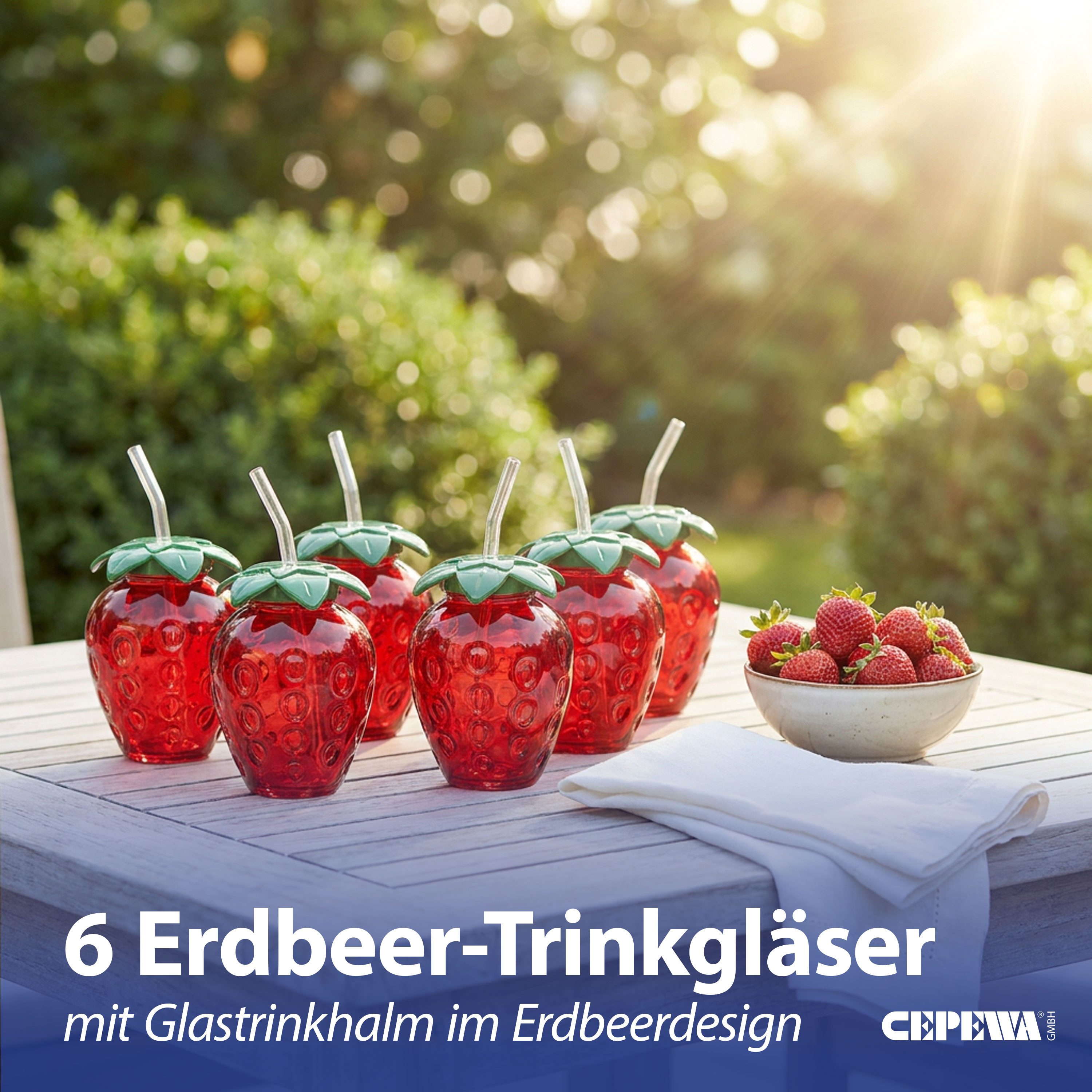 CEPEWA Deko-Glas Trinkglas Strawberry 6er Set Glastrinkhalm PS 450ml 9,5x13cm rot grün