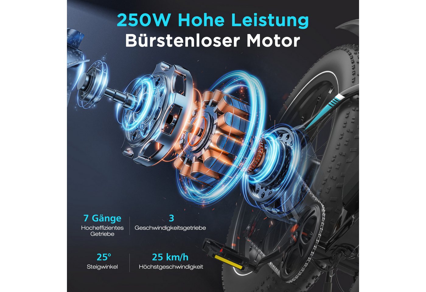 Thumbnail - HITWAY E-Bike Mountainbike 26*4,0 Zoll Elektrofahrrad 48V15,6Ah Akku max. 60-120km, 7 Gang, Kettenschaltung, 250 W Heckm...