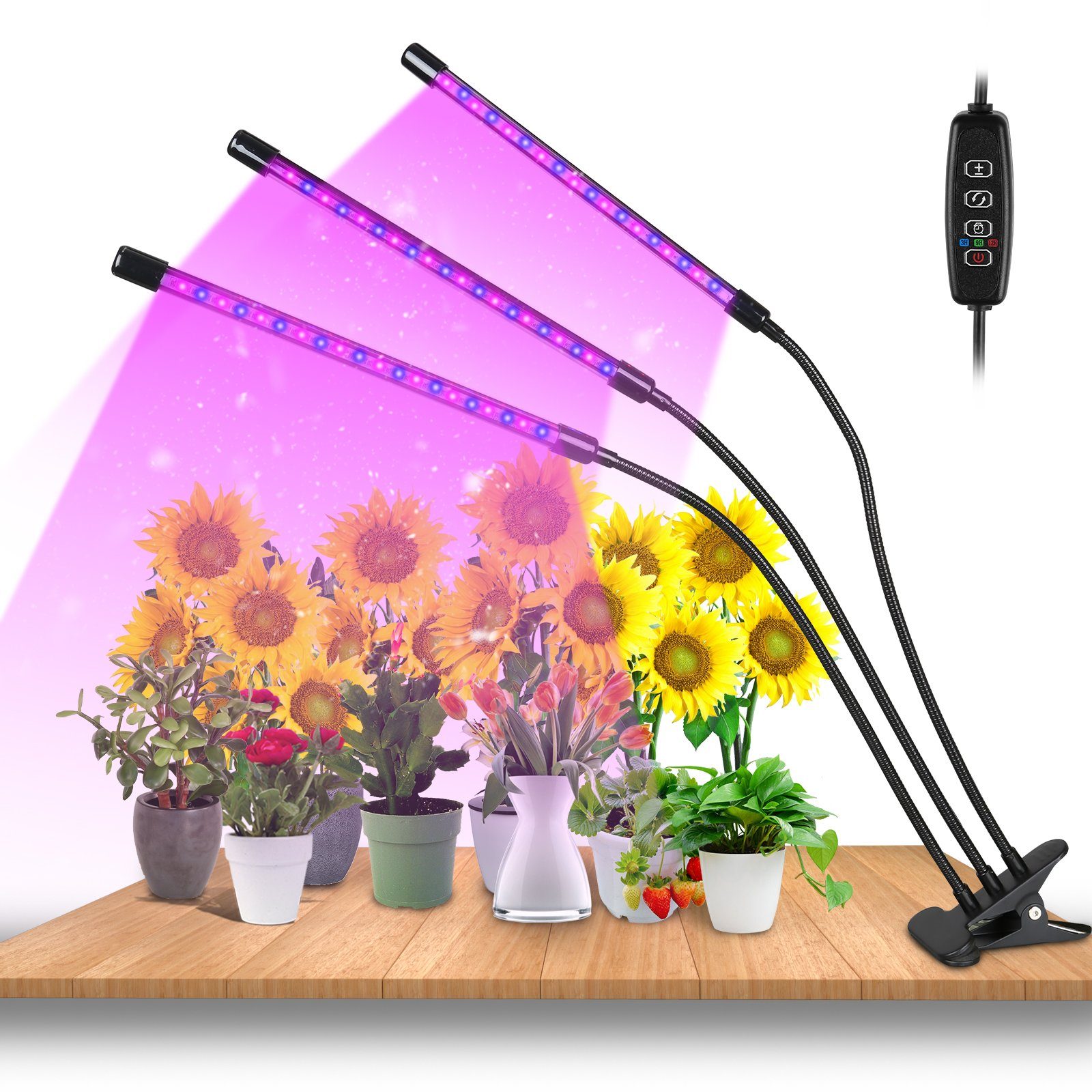 Lospitch Pflanzenlampe LED Pflanzenlicht 30W Dimmbar Vollspektrum 3 Kopf, Wachstumslampe Grow Light mit 3 Licht Modus 10 Helligkeitsstufen