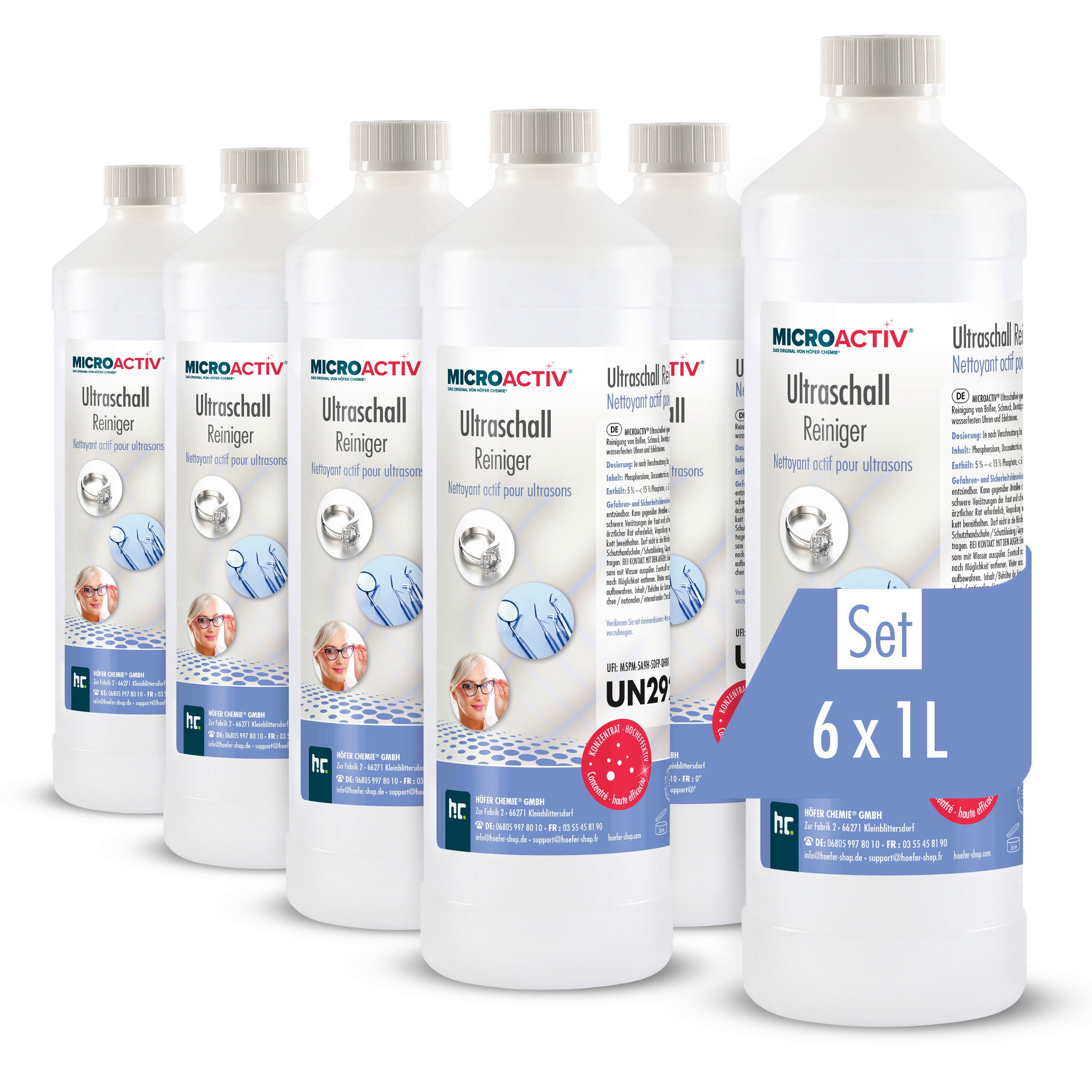 Höfer Chemie GmbH 6x 1 L Microactiv® Ultraschallreiniger für Ultraschallbad Grundreiniger (Gründliche Reinigung für Schmuck und Geräte)