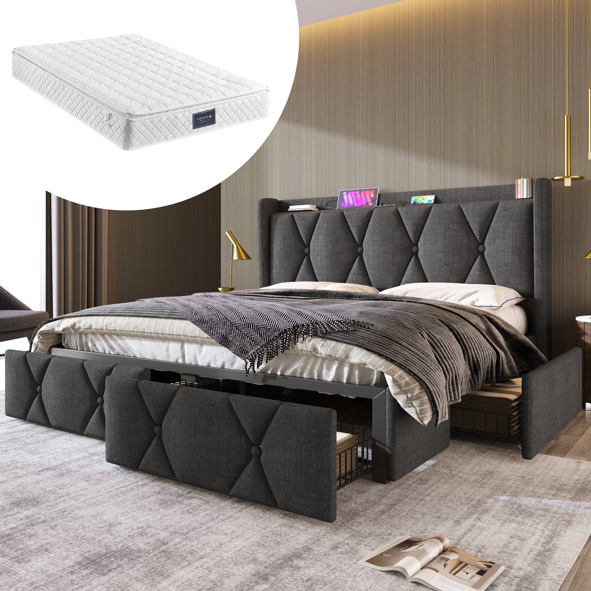 Polsterbett (Doppelbett Stauraumbett 140x200cm mit Lattenrost), mit Steckdose & USB Ladefunktion Kopfteil und 4 Schubladen, Leinen