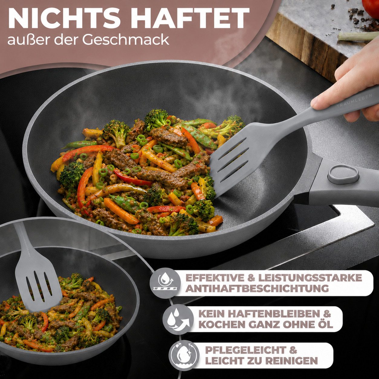 TRAUMLEBEN Wok 28 cm Wokpfanne mit Deckel, abnehmbarer Griff, Antihaftbeschichtung, aus Aluminium, für Induktion geeignet, backofenfest, hoher Rand – Bild 3 von 5