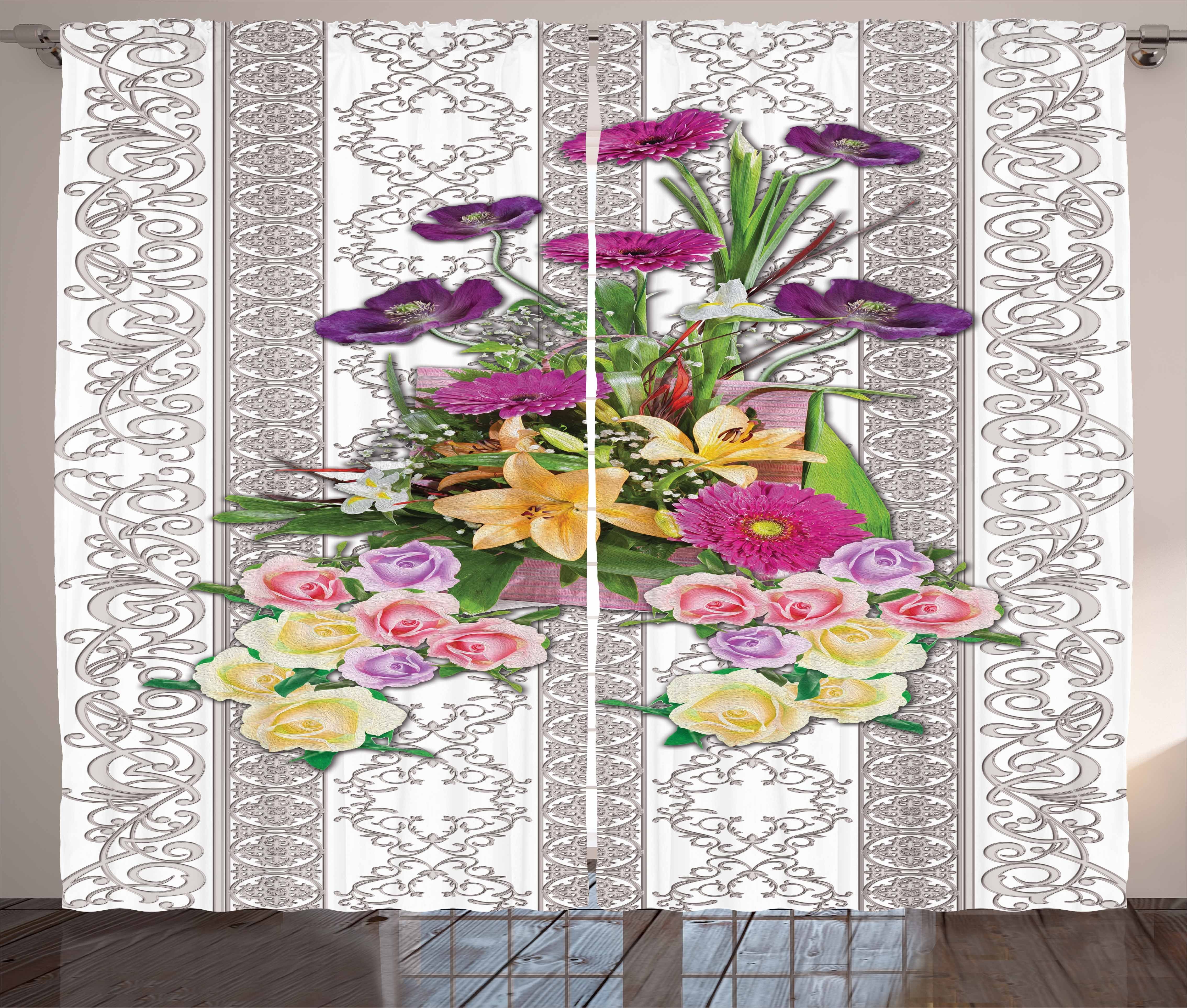Gardine Schlafzimmer Kräuselband Vorhang mit Schlaufen und Haken, Abakuhaus, Blume Bunter Blumenstrauß auf Curls