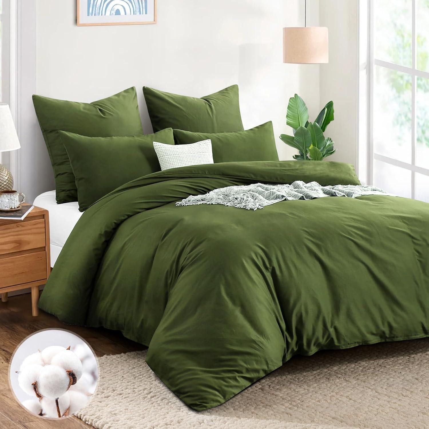 LuxusKollektion Bettwäsche Bettwäsche Baumwolle 3teilig 2 Kissenbezüge 80x80 220x240 Olivegrün