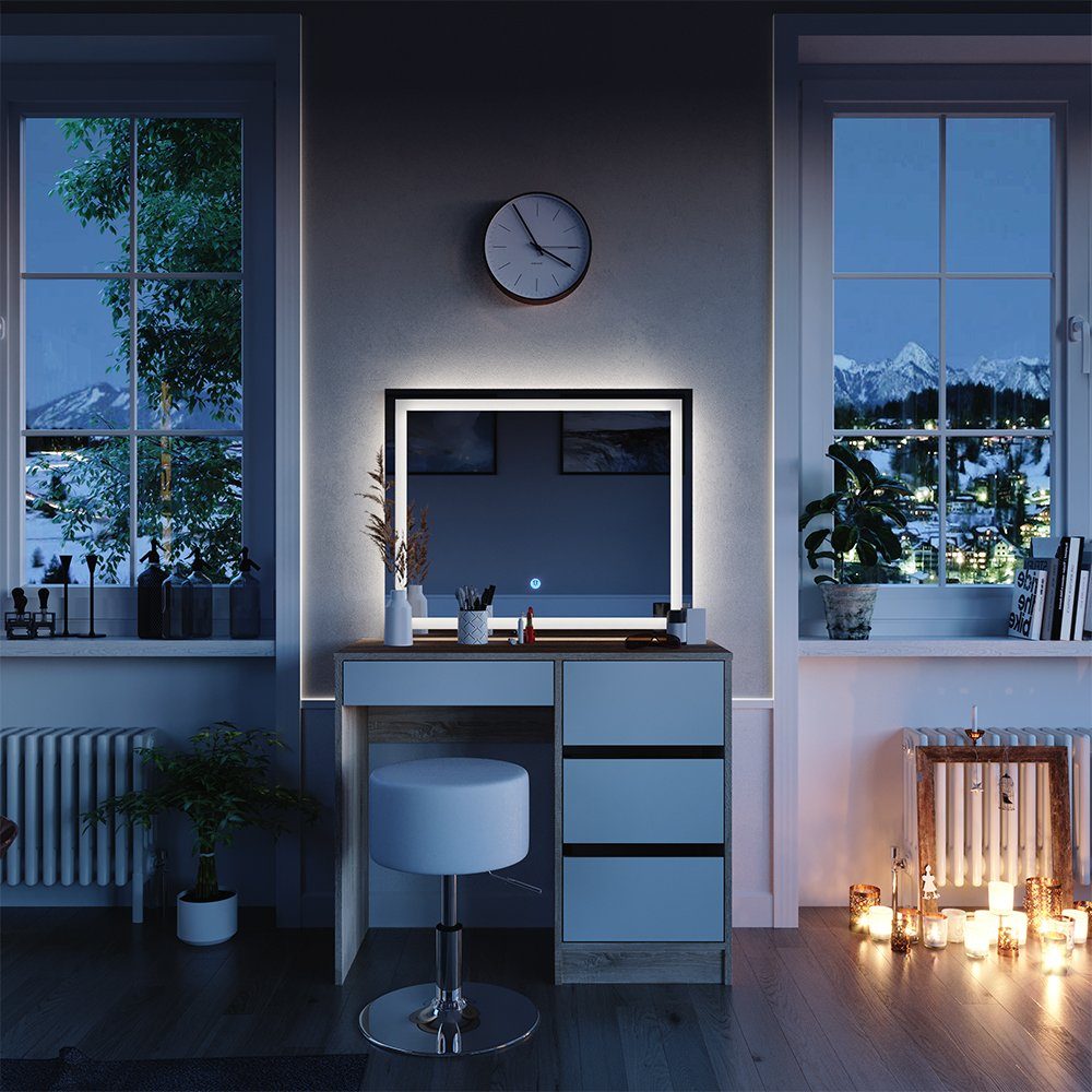 Schminktisch Sherry, Sonoma/Weiß, 90 cm mit LED-Spiegel und Hocker