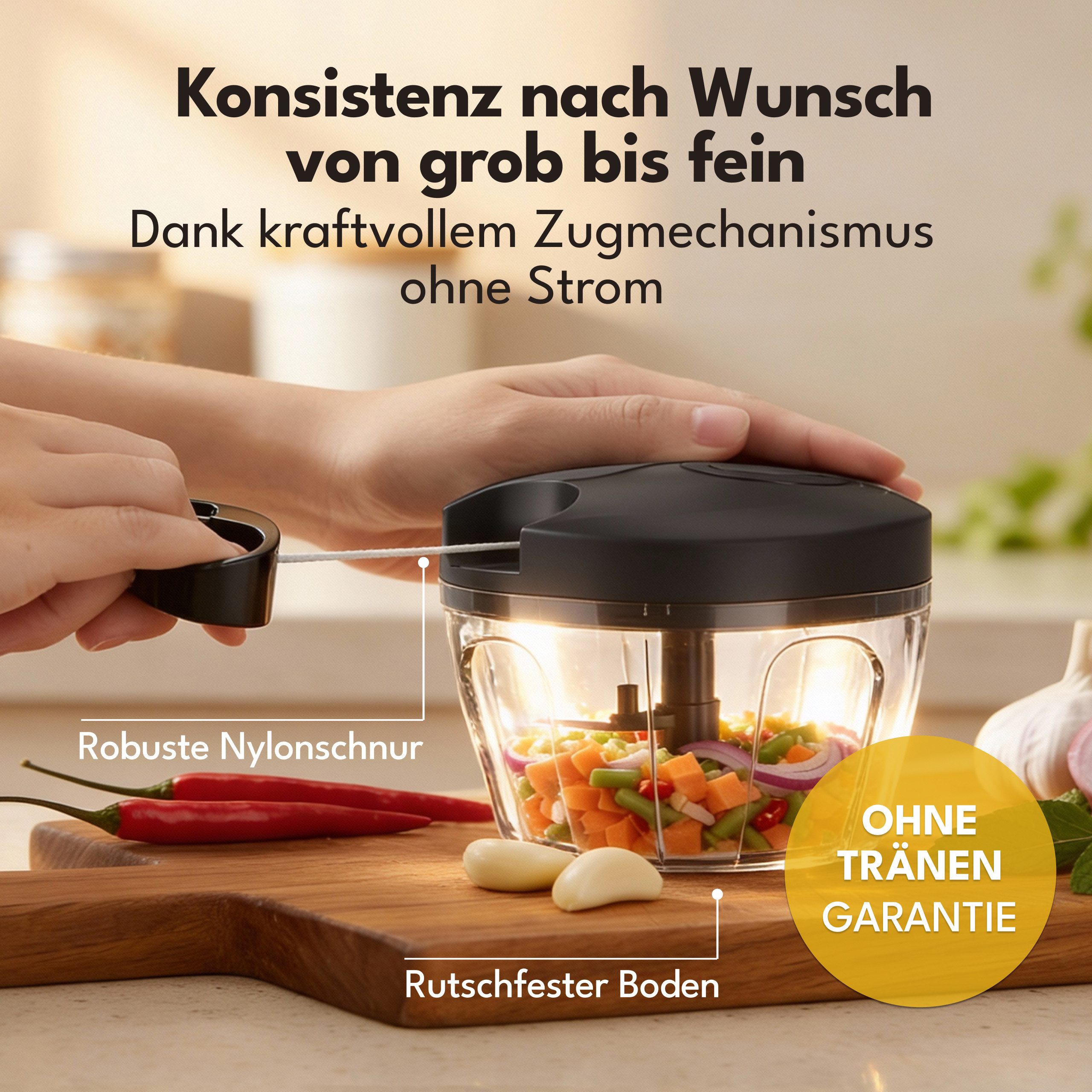 Lebenlang Zerkleinerer Manueller Zugseil-Gemüse- & Zwiebelzerkleinerer, 400 ml, Edelstahlklingen I Spülmaschinengeeignet I BPA-frei IRutschfeste Basis