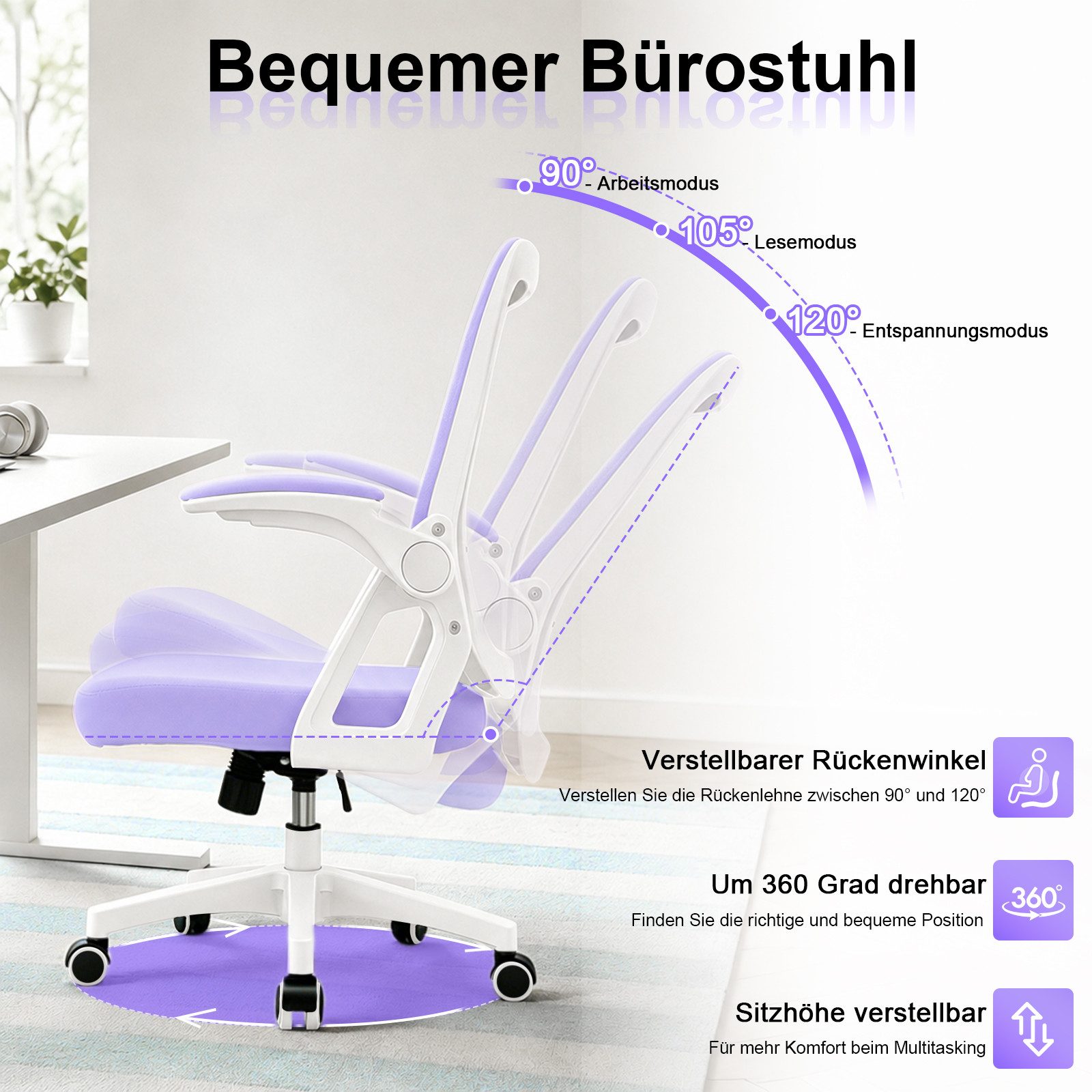 Milacyee Bürostuhl Ergonomischer Bürostuhl mit 90° klappbaren, gepolsterten Armlehnen (Höhenverstellbarer Atmungsaktiv Chefsessel mit geräuscharmen Rollen,Drehstuhl mit dynamische Rückenstütze), Platzsparend, Atmungsaktives Mesh, 150 kg Belastbarkeit