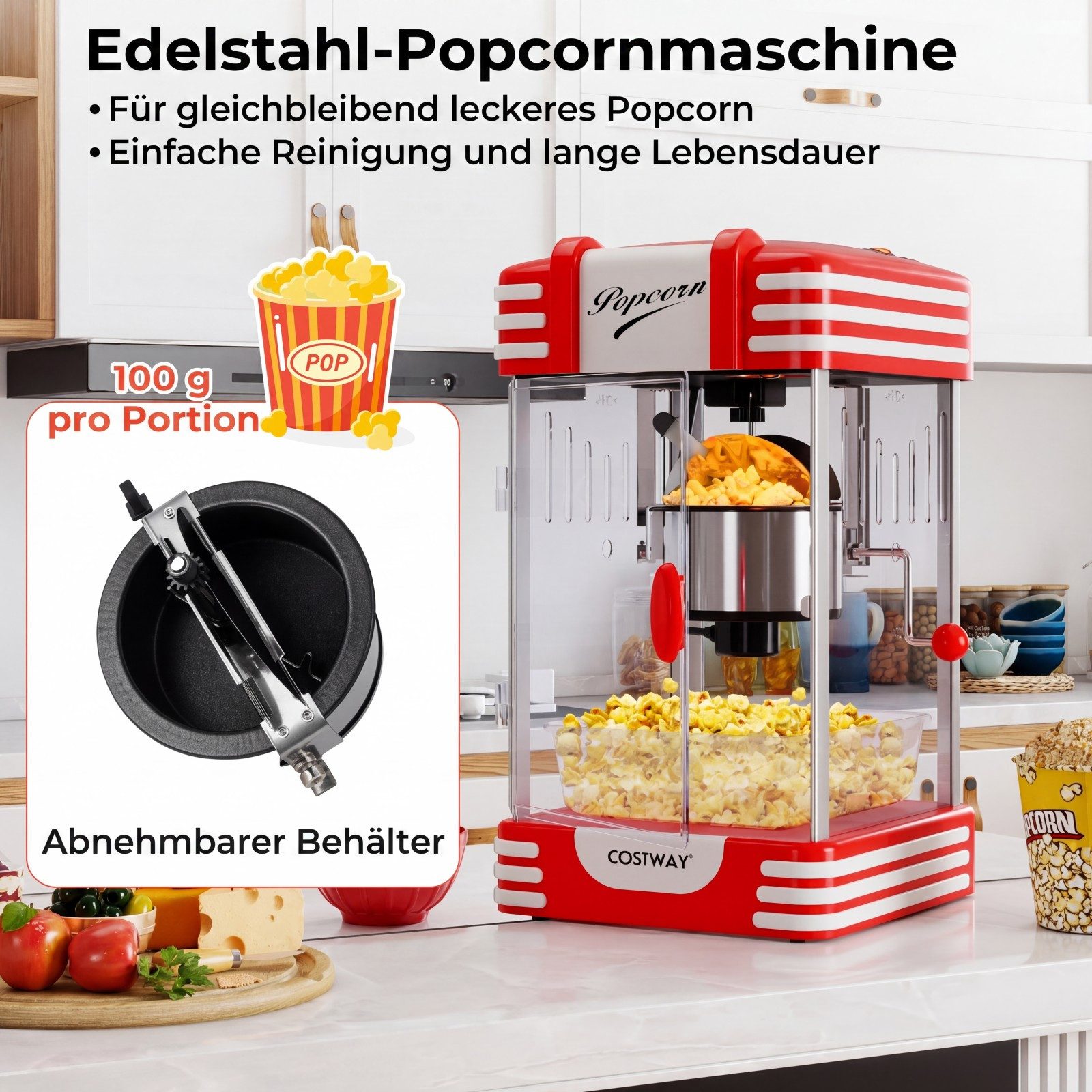 COSTWAY Popcornmaschine, Retro Popcornmaker mit Warmhaltelicht & Handkurbel