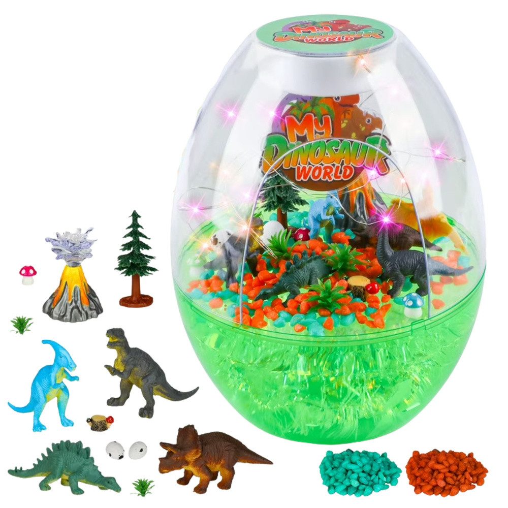 LEAN TOYS Terrarium Dinowelt Nachtlicht Spielset, Sprach- & Touch-Steuerung, bunte LEDs, 6 Dinos