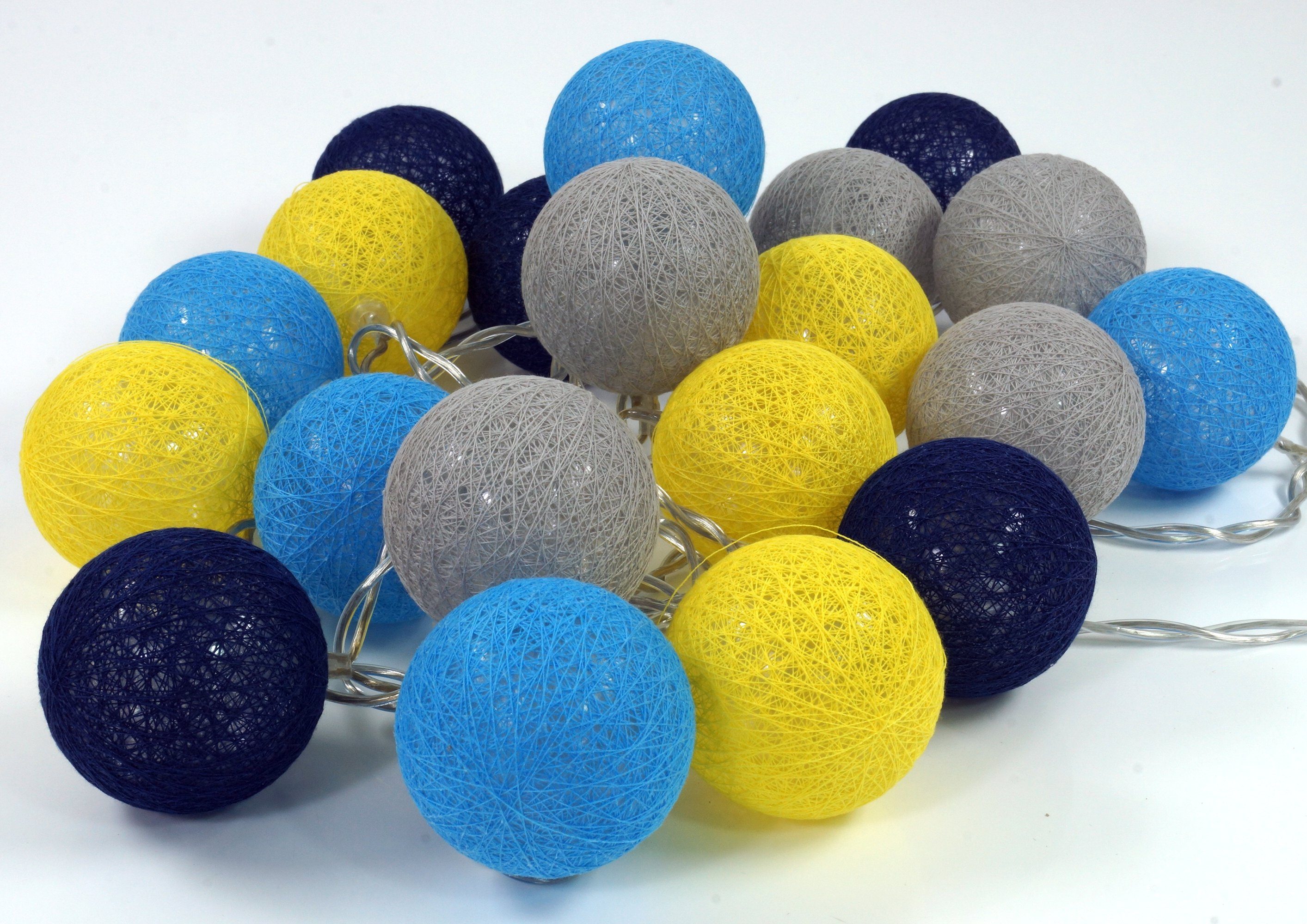 Guru-Shop Lichterkette, LED-Lichterkette Ball LED Stoff Kugel grau/blau/gelb Lampion..